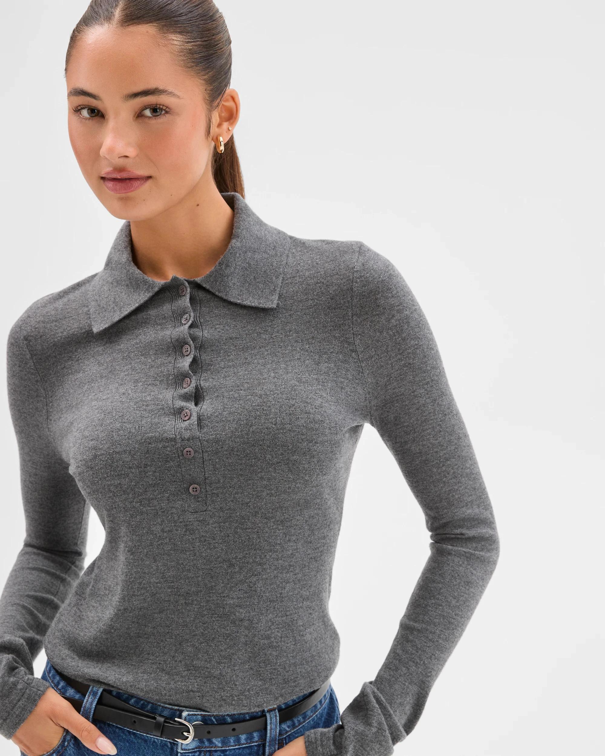 6 Lily Loves Long Sleeve Knit Polo Top GRAPHITE MARLE, 6 of 7