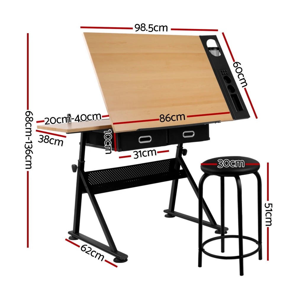 2 Artiss Drawing Desk Drafting Table - Brown, 2 of 6