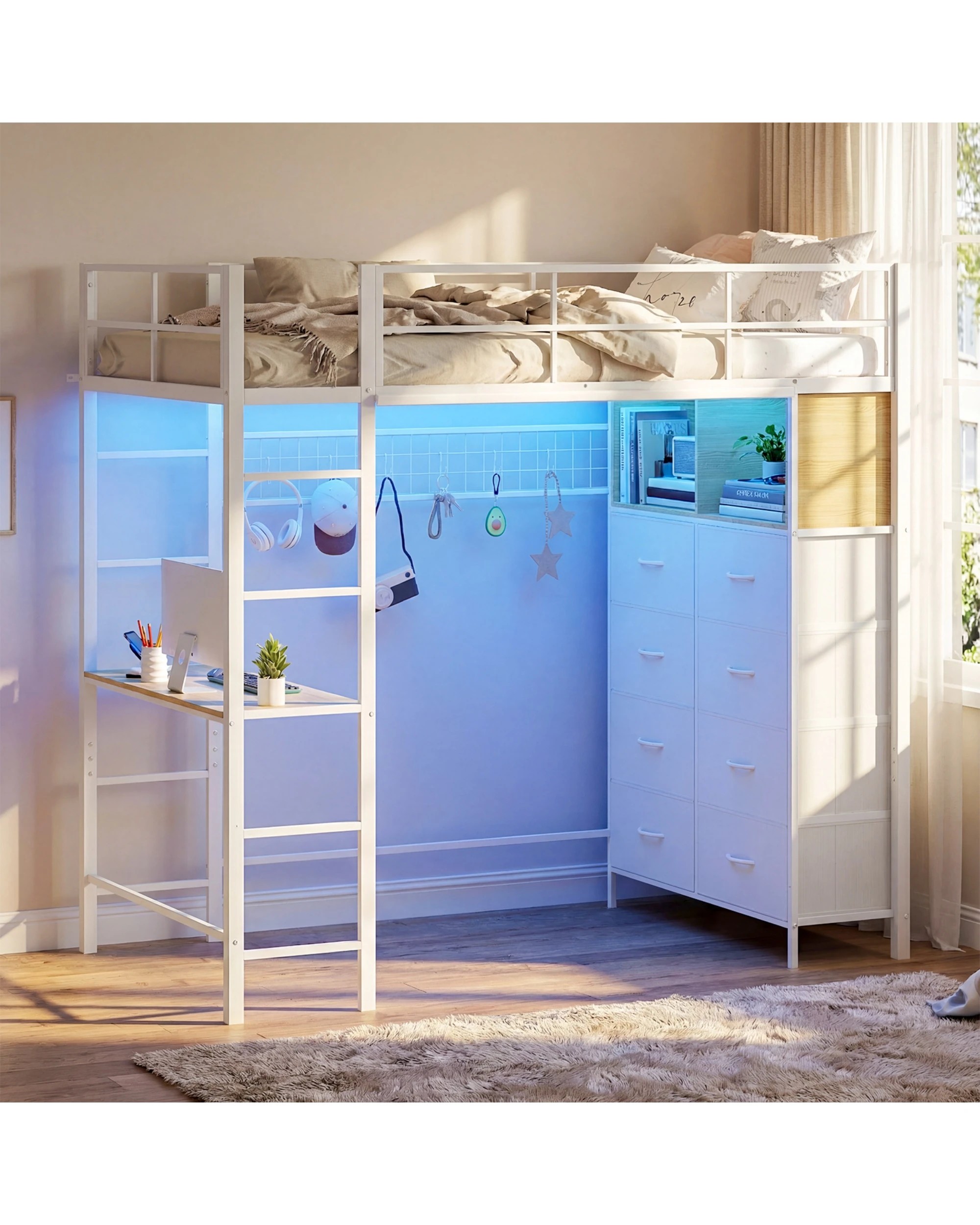 2 Advwin Single Loft Bed Frame with LED & Desk & Charging Station & Storage - White, 2 of 8