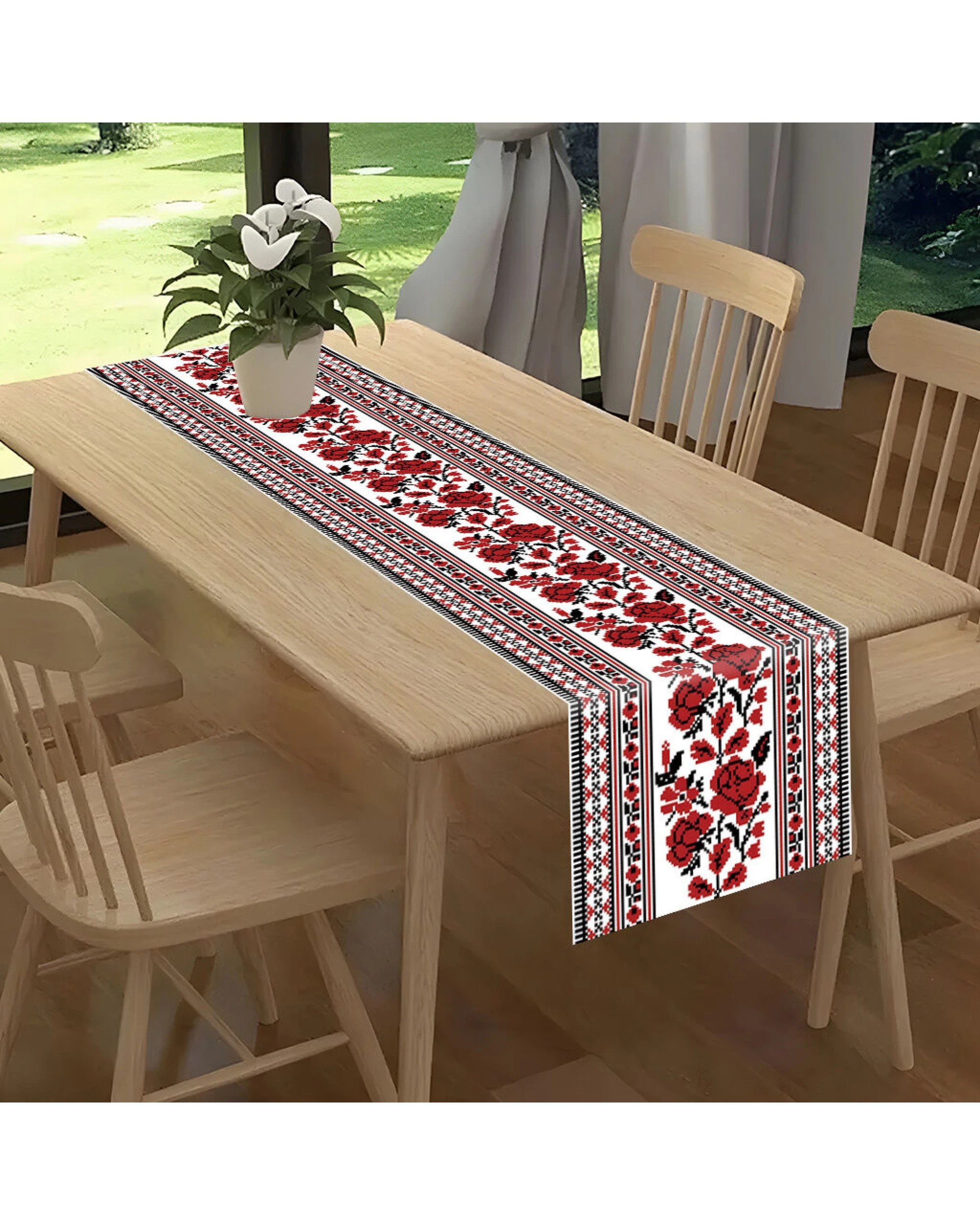 6 BR Home Ukrainian Table Runner – Folk Traditional Print in White, Black & Red (180x35cm), 6 of 7
