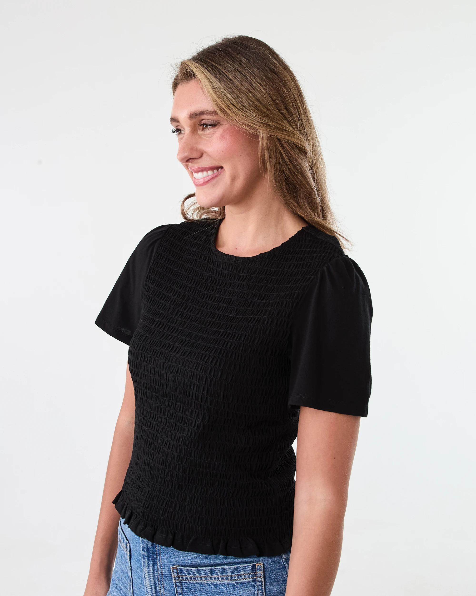 2 Short Sleeve Shirred Flutter Top Black, 2 of 6