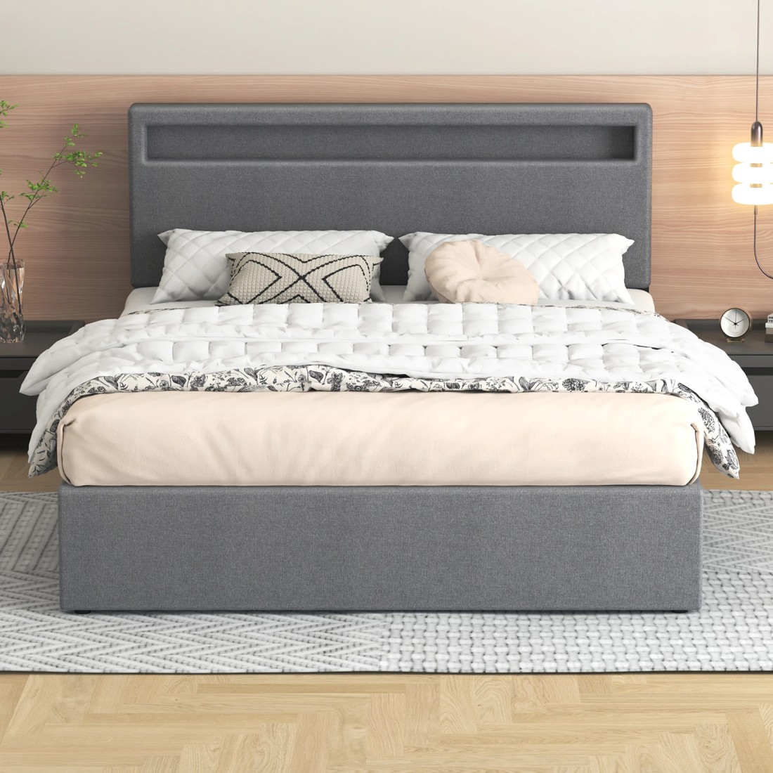 3 Alfordson Bed Frame King Size RGB LED Gas Lift Storage Base Fbric Luchino - Grey, 3 of 10
