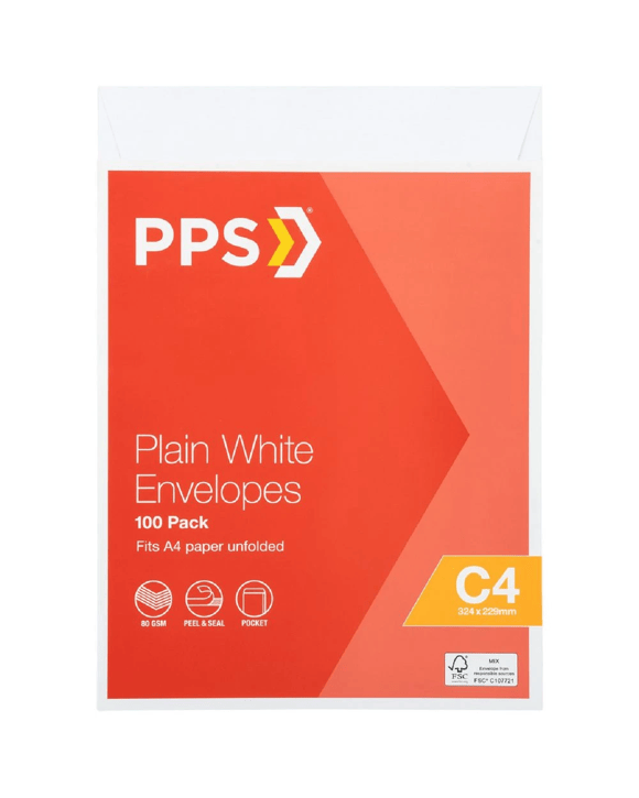 PPS Plainface C4 Envelopes White 100 Pack