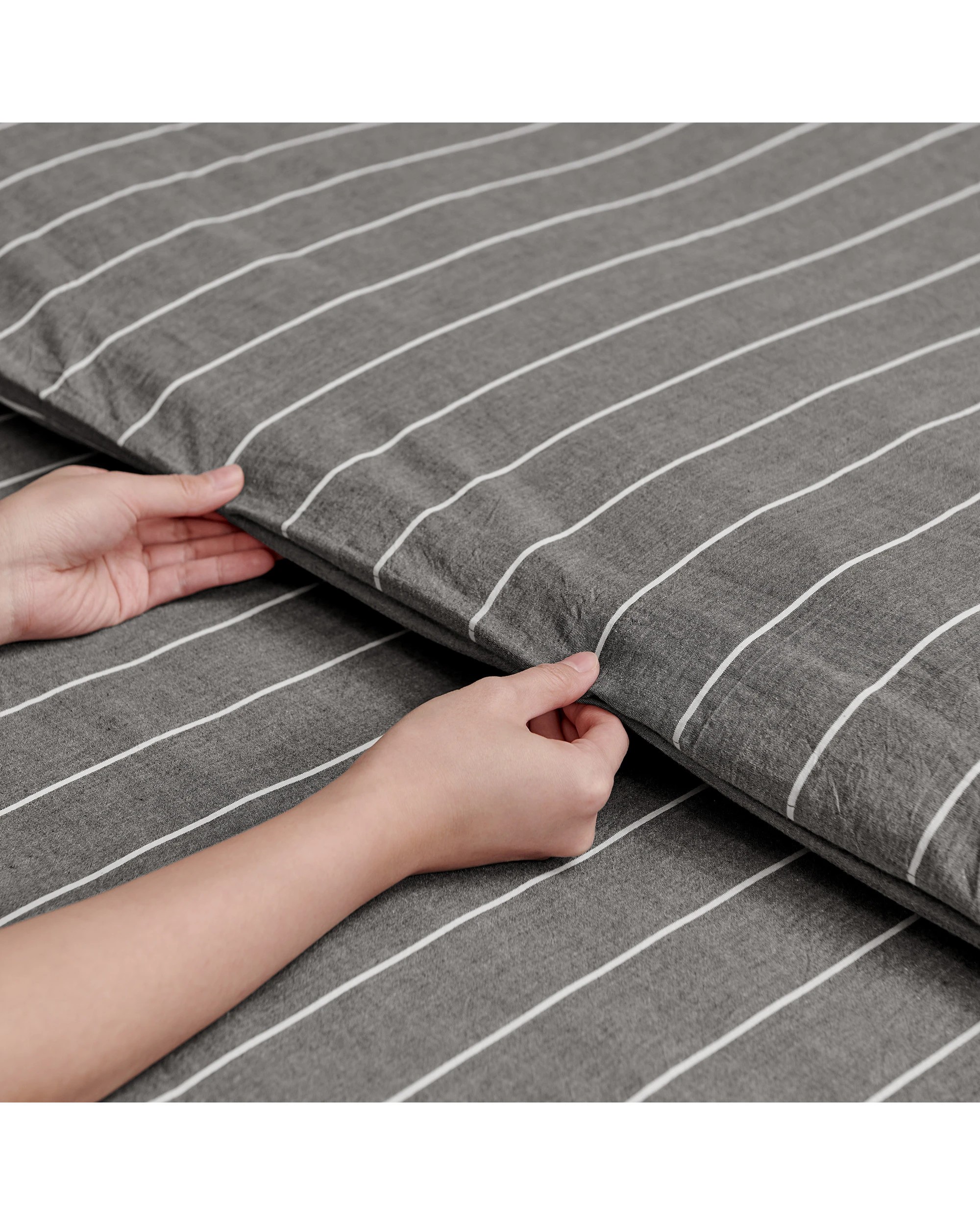 5 Dreamaker Rumi Stripe Washed Cotton Reversible Quilt Cover Set - King Single Bed - Graphite with White, 5 of 6