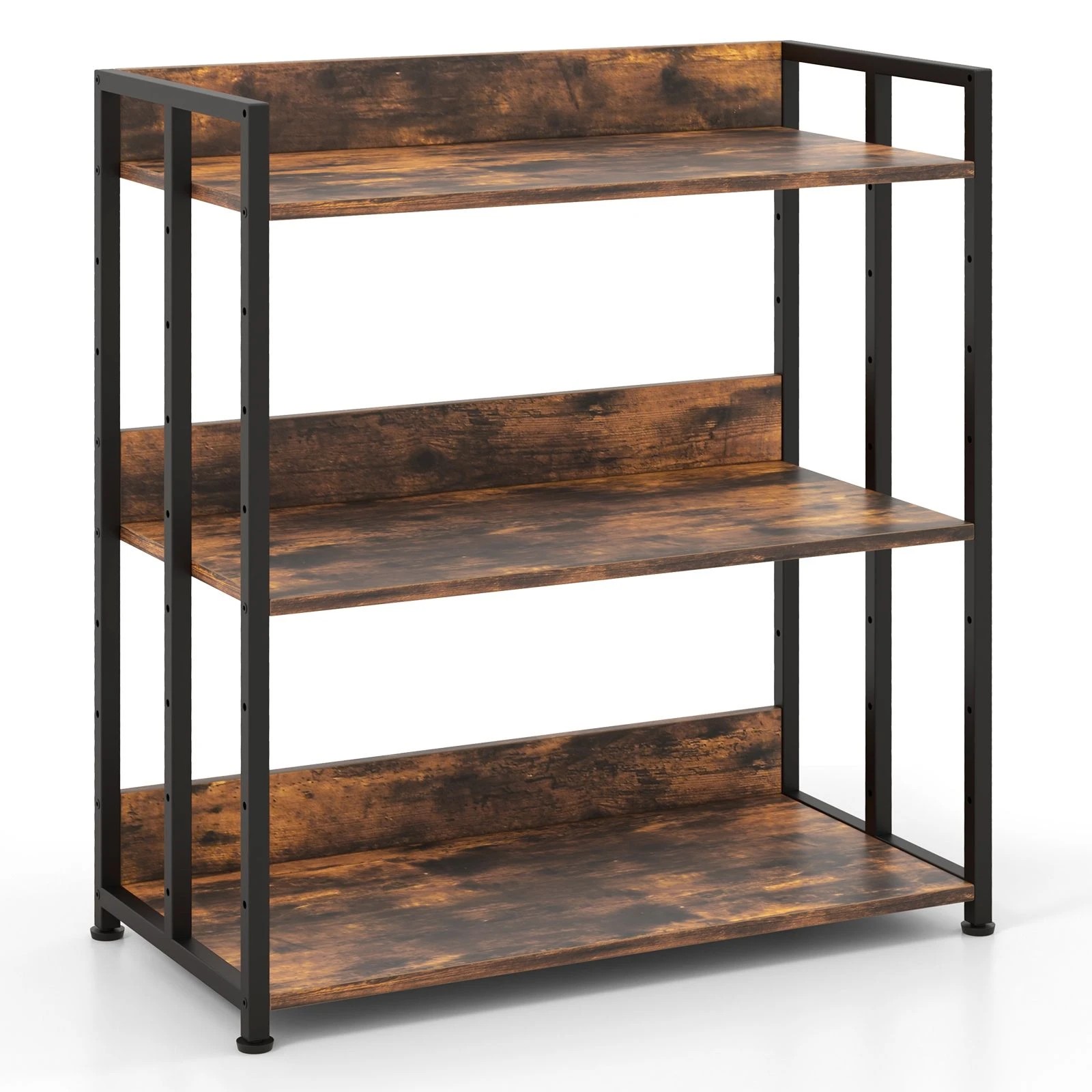 1 Costway 3-Tier Bookcase Storage Rack Metal Frame Display Shelf w/Adjustable Shelves - Brown, 1 of 4
