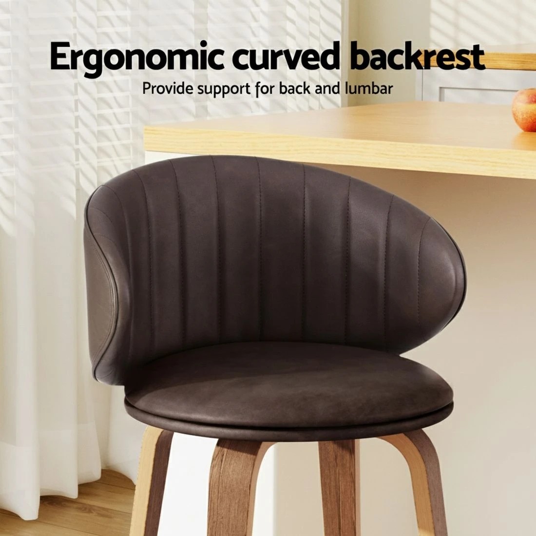 3 2x Artiss Bar Stools Dining Chairs Contou Leather Wood Stool - Brown, 3 of 5