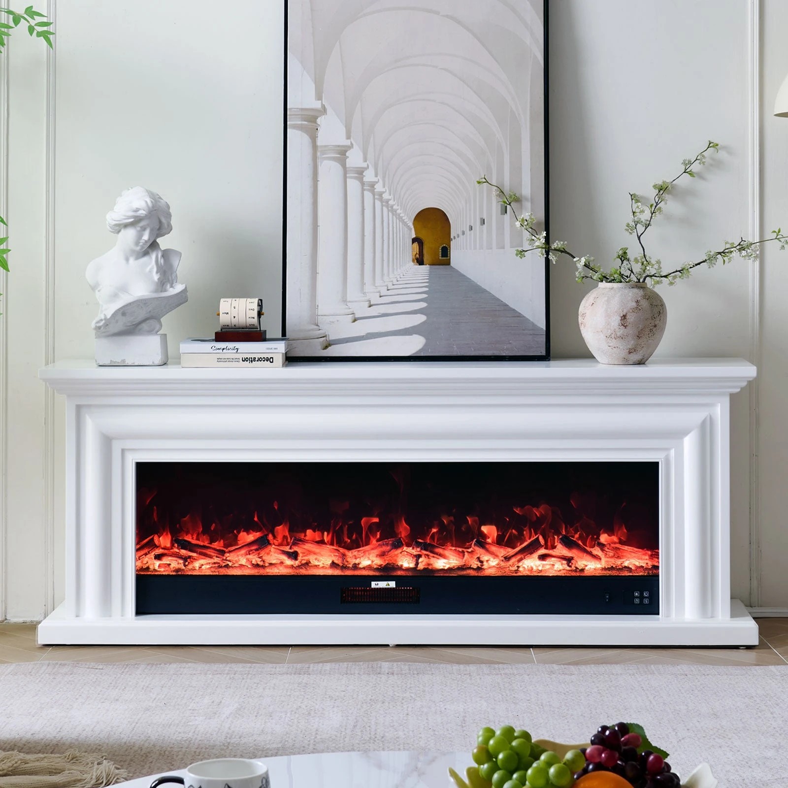 1 Moda Living Verona 60 inch Electric Fireplace Heater White Mantel Suite - White, 1 of 8