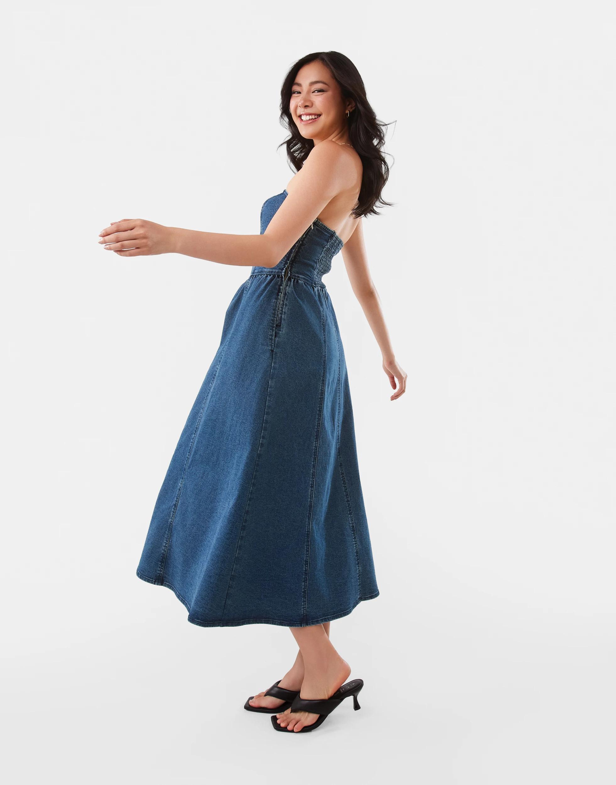 2 Strapless Denim Midi Dress Dark Wash, 2 of 10