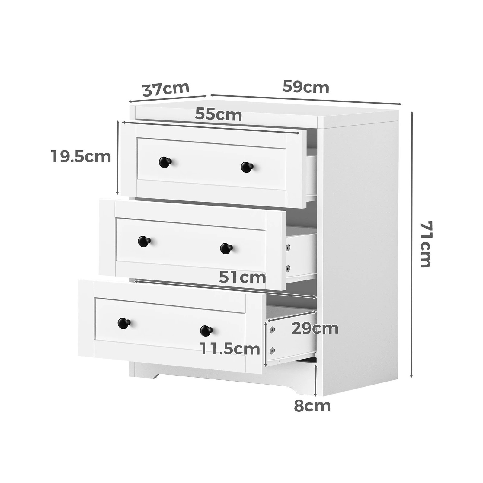 8 Alfordson Chest of Drawers 3 Drawer Storage Cabinet Bedside Table Hamptons - White, 8 of 9