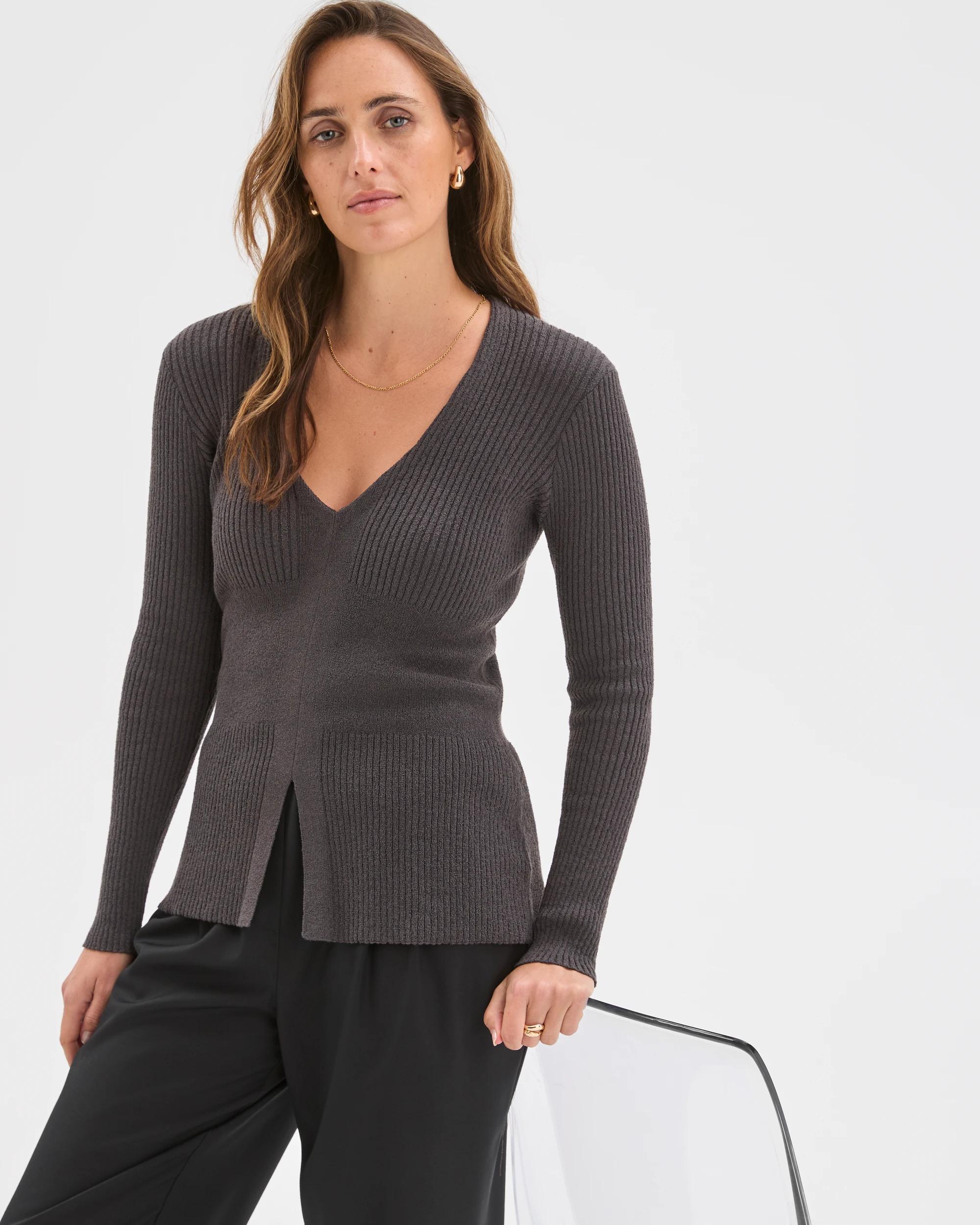 1 Preview Long Sleeve V-Neck Boucle Knit Top CINDER, 1 of 7