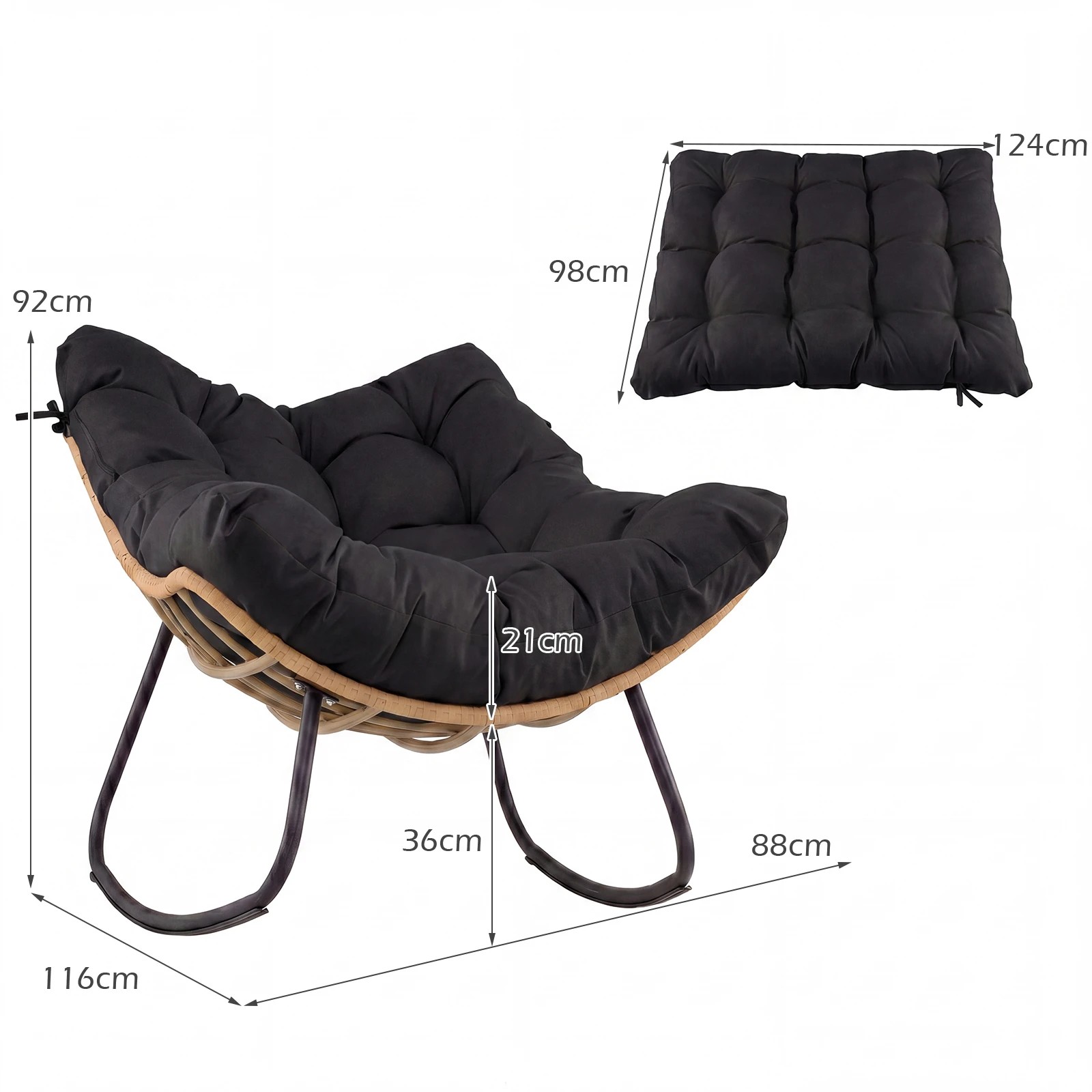 2 Costway Outdoor Papasan Rocking Chair w/Cushion Oversized PE Wicker Egg Chair - Black, 2 of 6