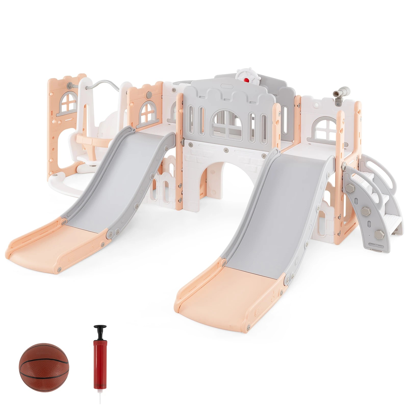 1 Costway 174cm 10 in 1 Kids Slide Swing Set w/Basketball Hoop Double Slides Indoor Playground - Pink, 1 of 2