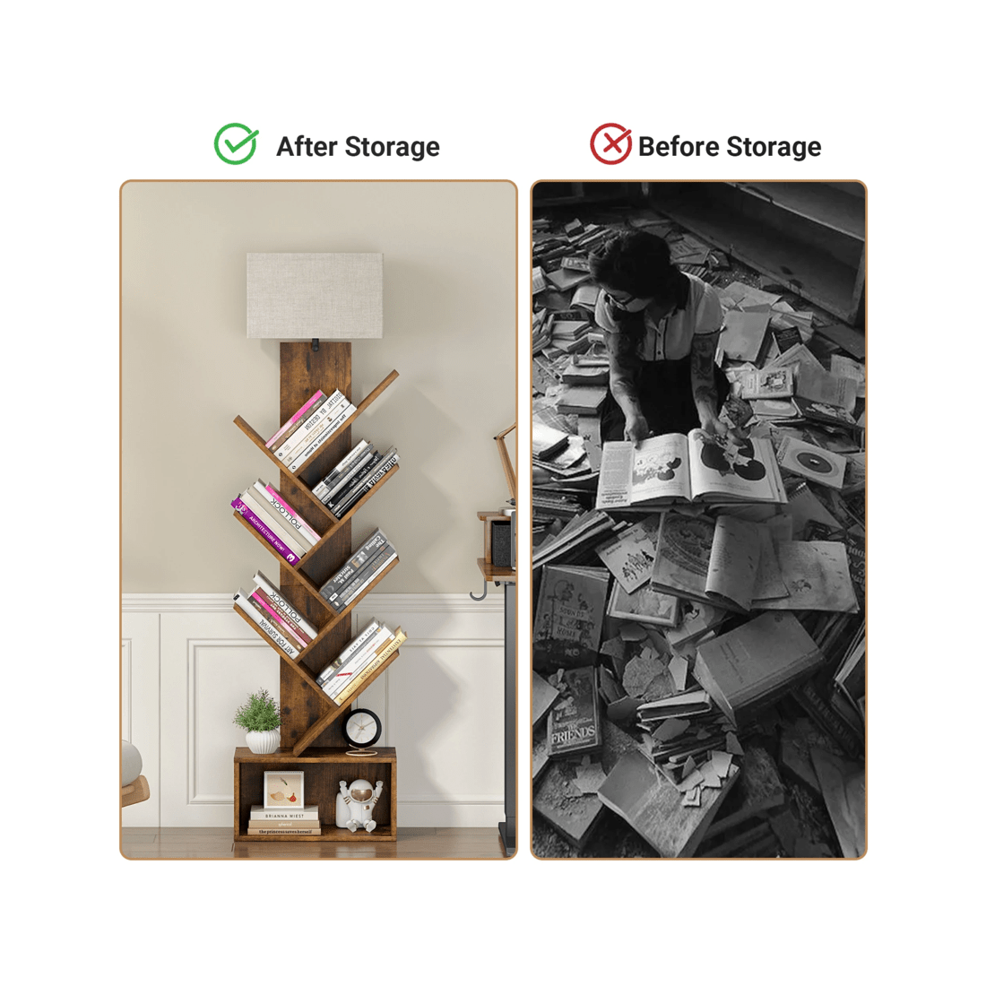 7 Advwin 6 Tier Tree Bookshelf w/ 3-Color Adjustable Light & Storage Cabinet Walnut, 7 of 10