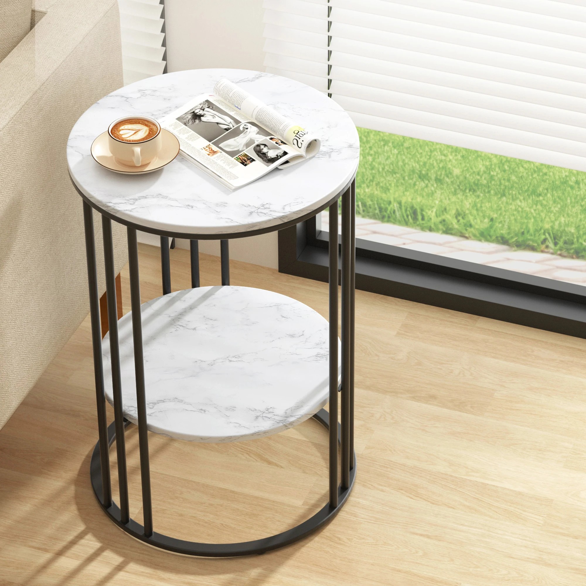 5 Artiss Side Table 2Pcs End Table Coffee Table 2-Tier Bedside Round Marble Effect - Beige, 5 of 7