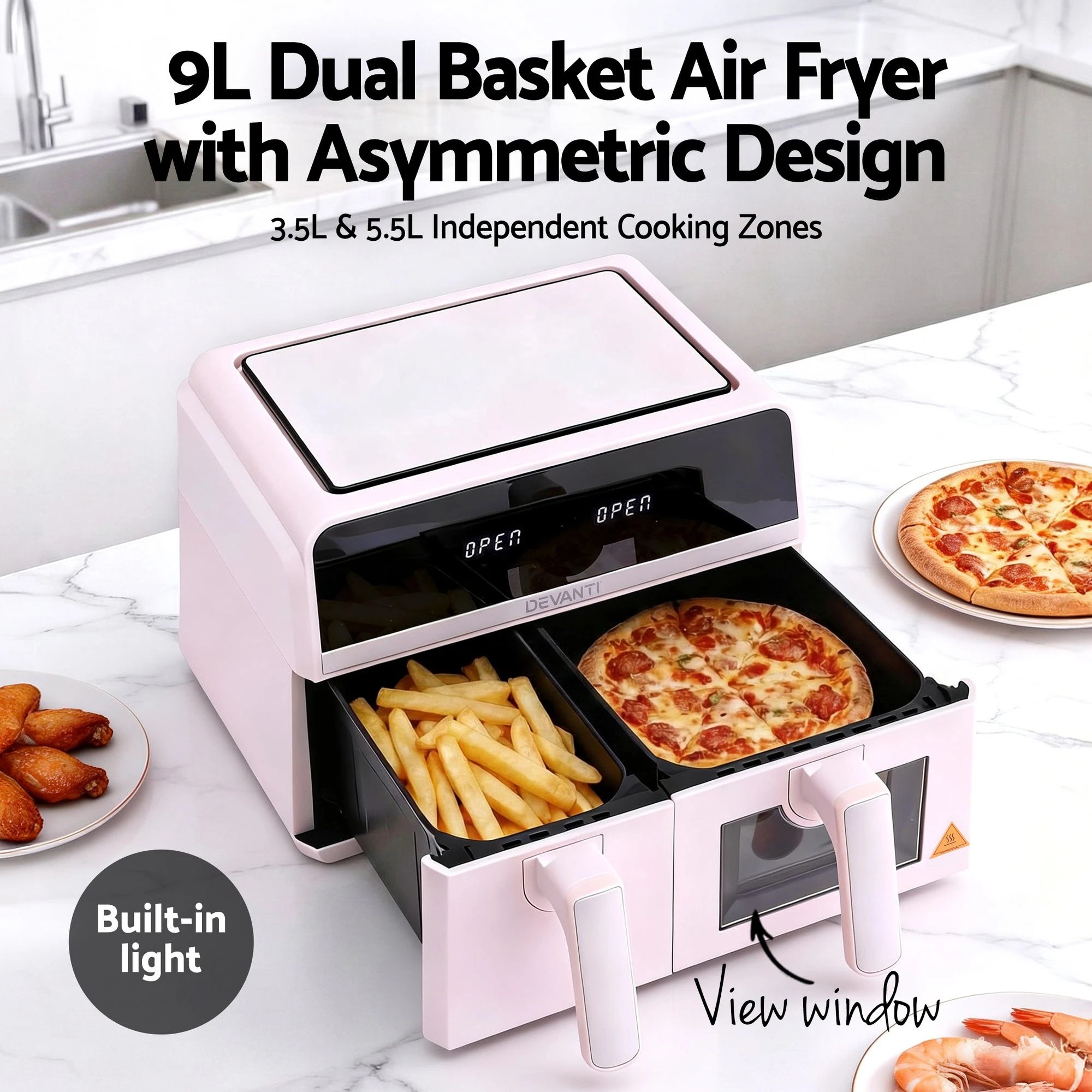 2 Devanti Air Fryer 9L Dual Zone Fryers 2600W - Pink, 2 of 6