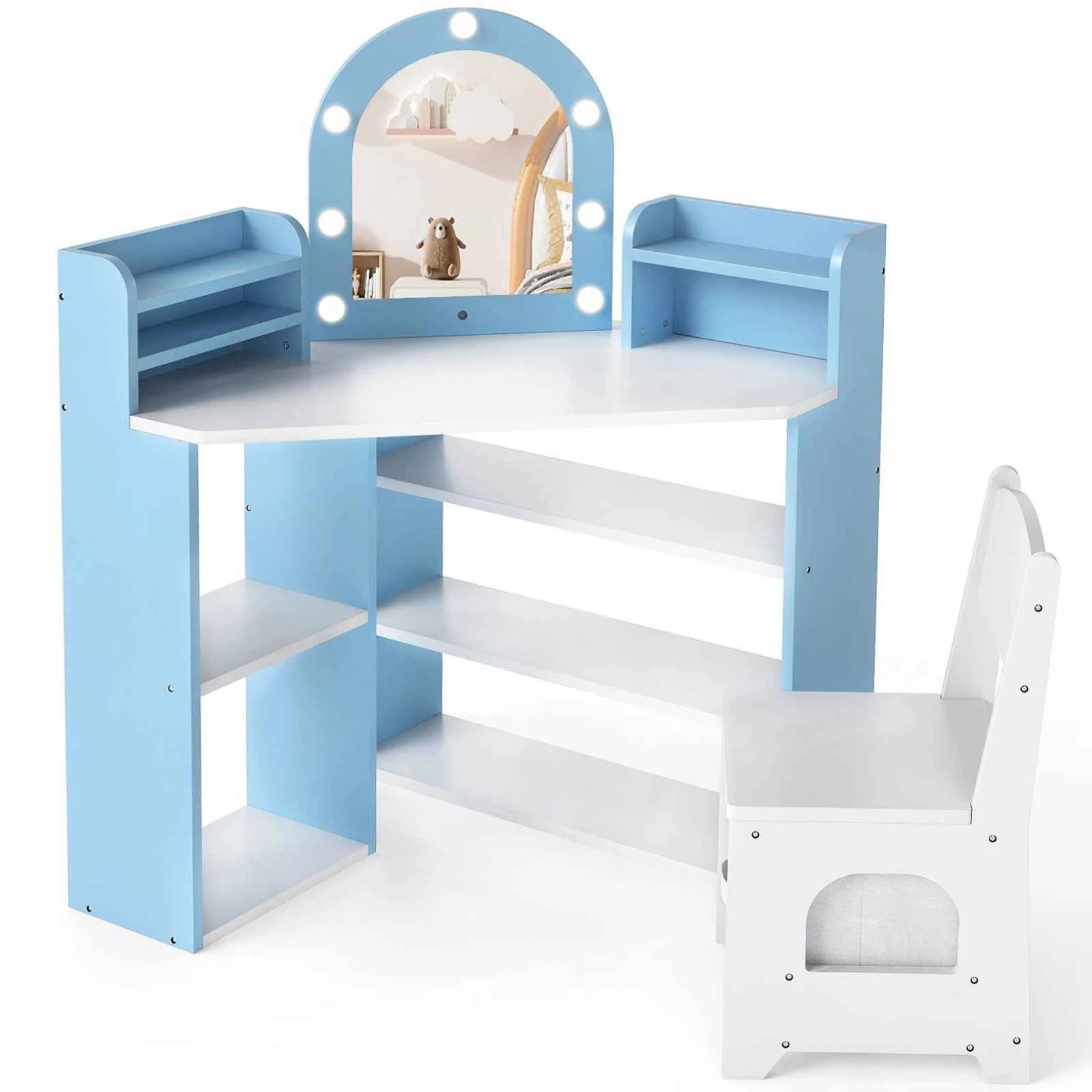 1 Costway Corner Vanity Desk & Chair Set Princess Dressing Table - White, 1 of 5