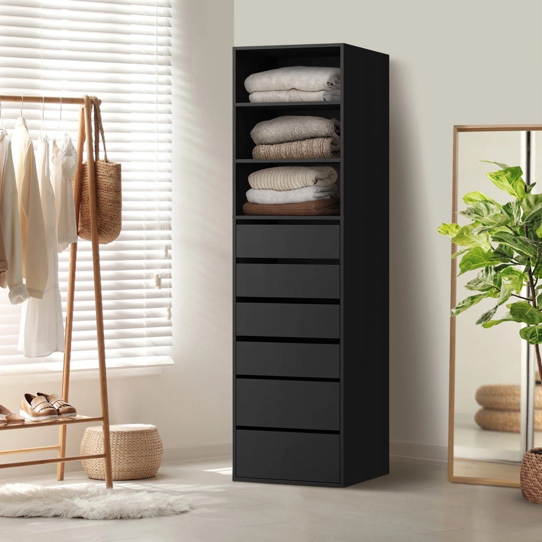 2 Oikiture Wardrobe Storage Cabinet Shelf Unit Clothes 3 Shelves 6 Drawers
 - Black, 2 of 10