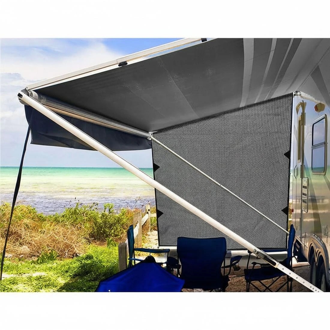 2 Caravan Privacy Screen Roll Out Awning 1.95 x 2.2M Sun Shade End Wall Side - Grey, 2 of 4