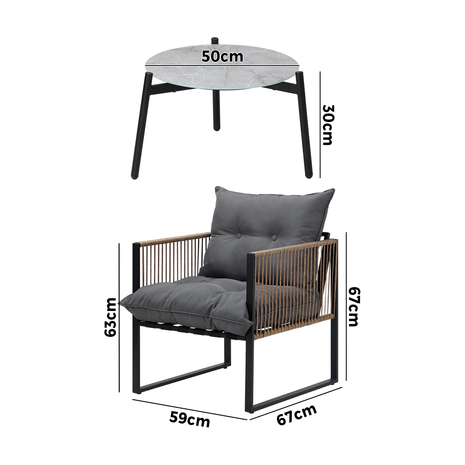 2 Livsip Outdoor Patio Set Furniture Grey 50cm Coffee Table Rattan Chairs 3pcs
 - Multi, 2 of 10