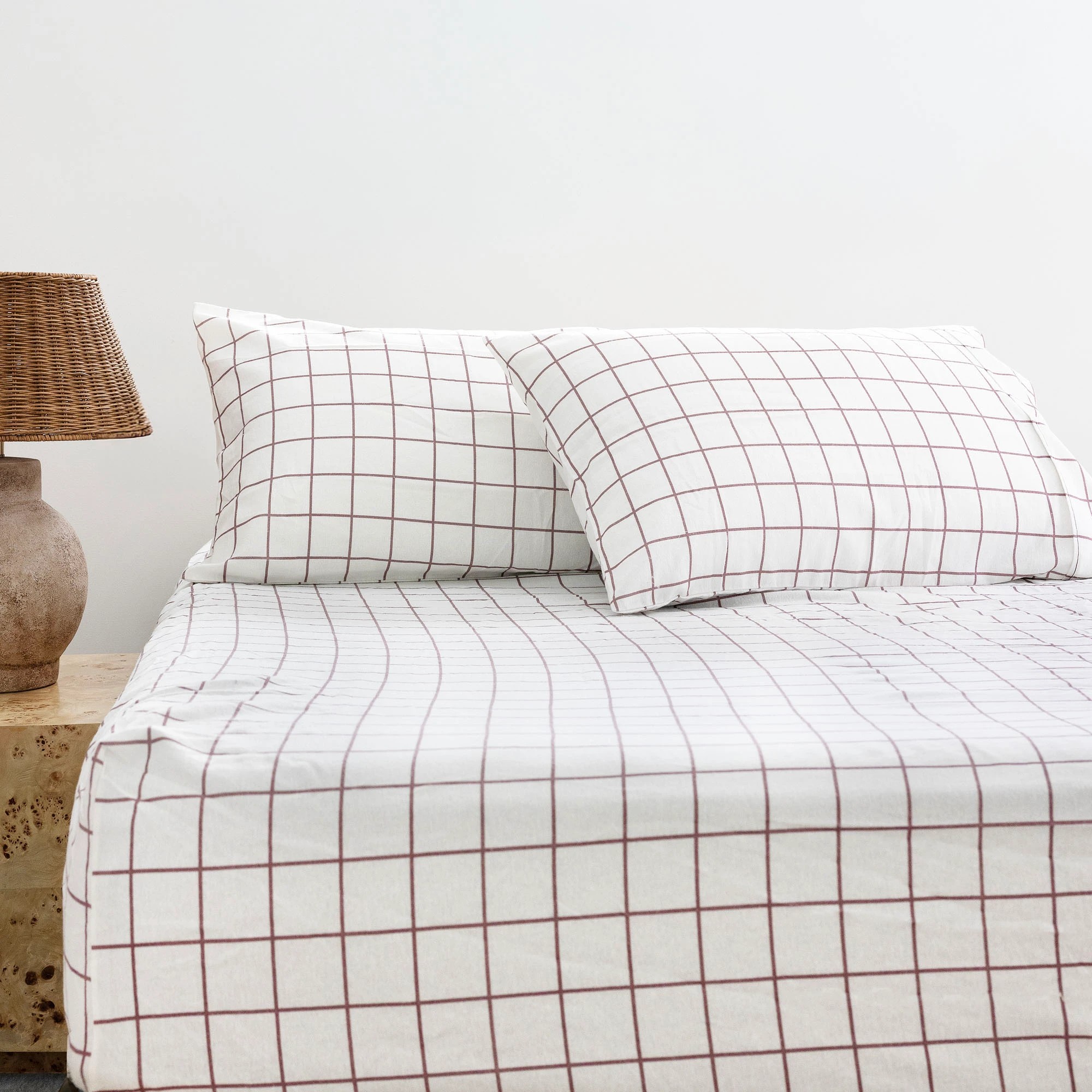 1 Bambury Grid Brushed Cotton 160GSM Flannelette Fitted Sheet with Pillowcases Boysenberry - Double Bed - Red, 1 of 3
