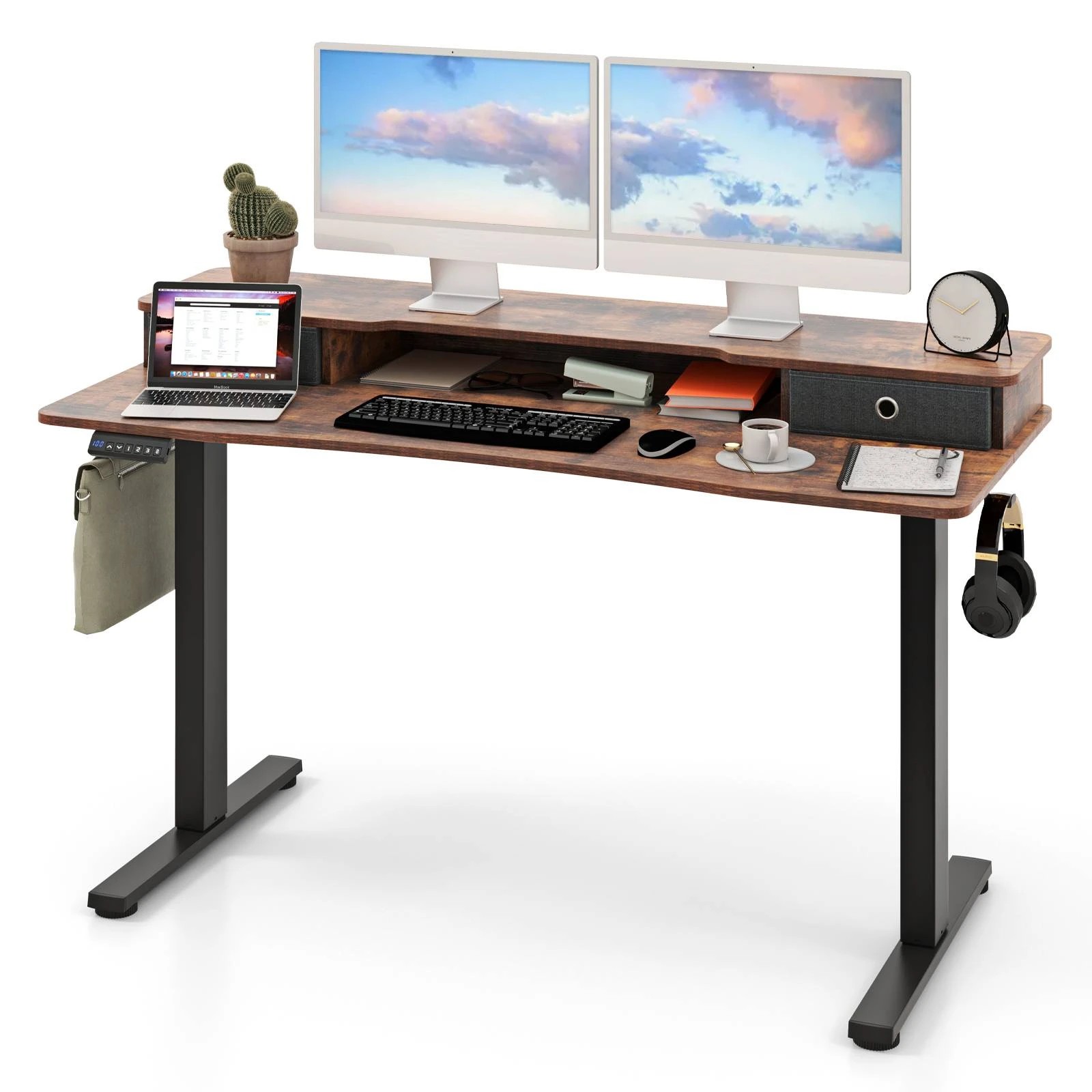 2 Costway 140cm Electric Stand Up Desk w/Power Cord Organizer Computer Desk - Brown, 2 of 2