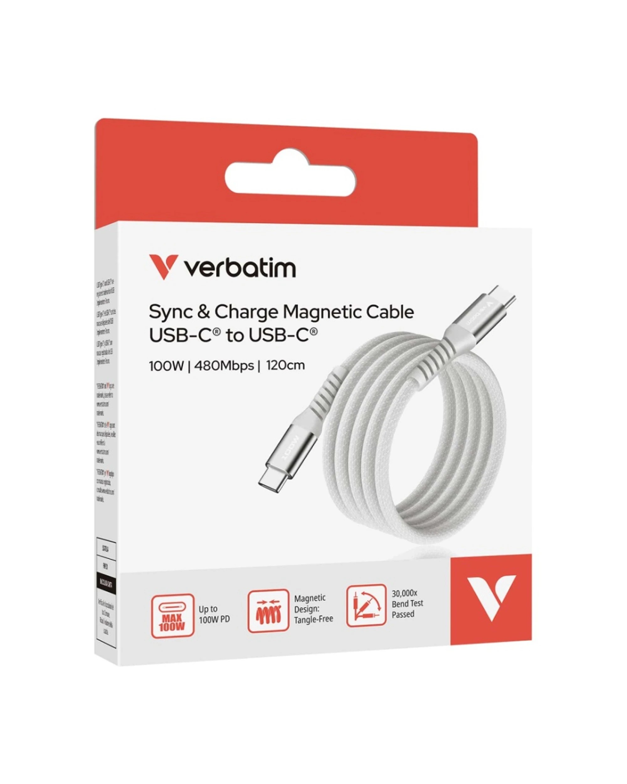 2 Verbatim USB-C to USB-C 100W Device Charger Cable Cord 120cm Magnetic - Grey, 2 of 5
