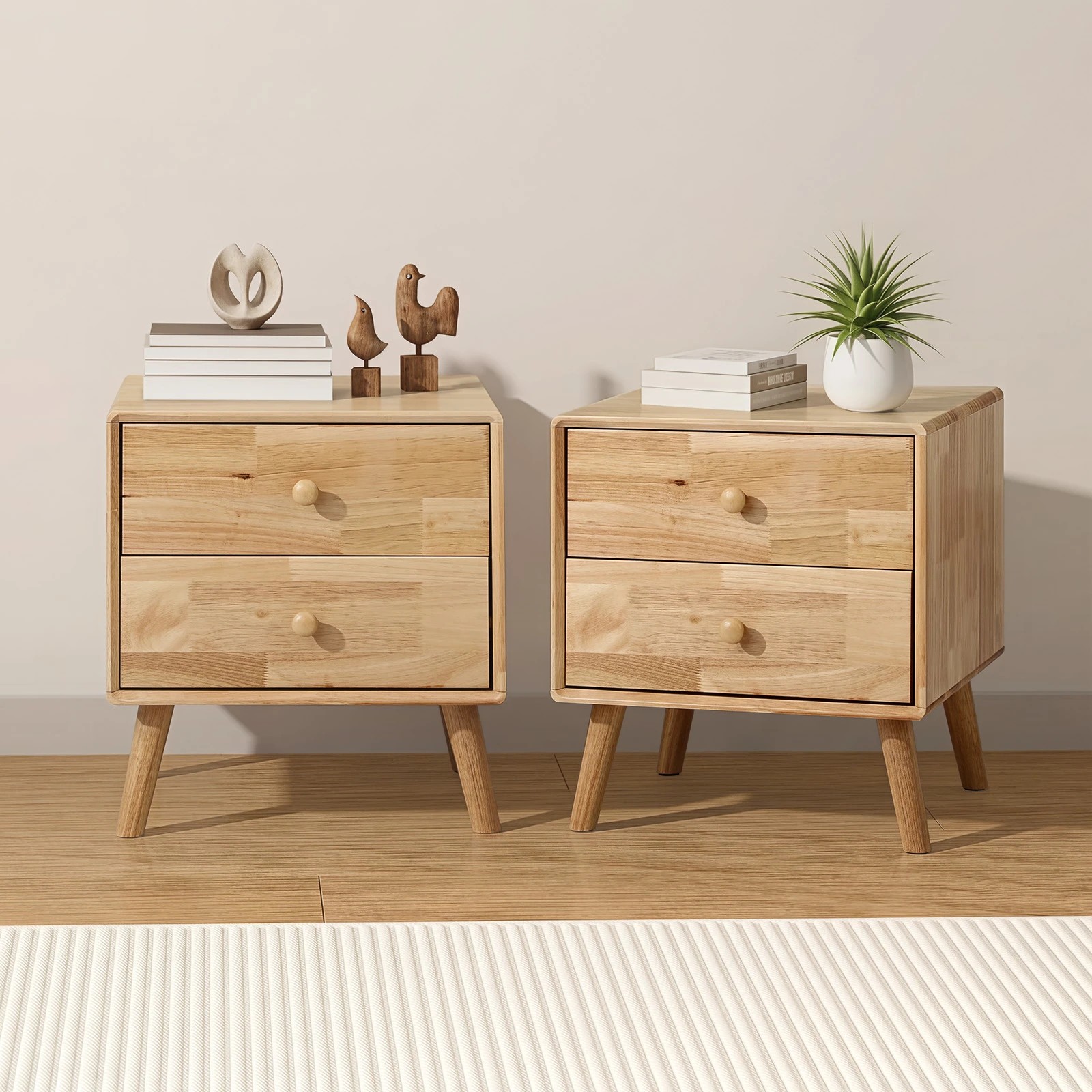 3 Oikiture Set of 2 Bedside Tables 2 Drawers Side Tables Nightstand Rubber - Natural, 3 of 9