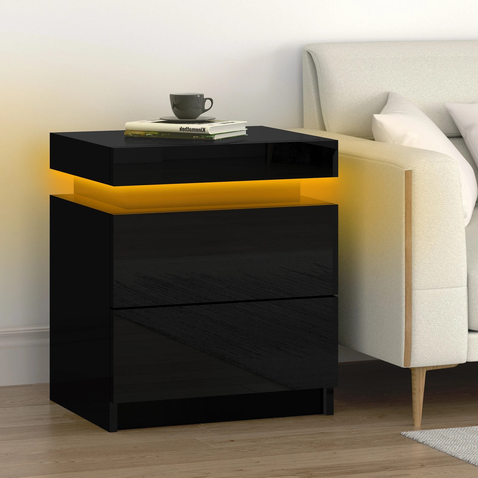 4 Alfordson Bedside Table RGB LED Nightstand 2 Drawers 4 Side High Gloss - Black, 4 of 10