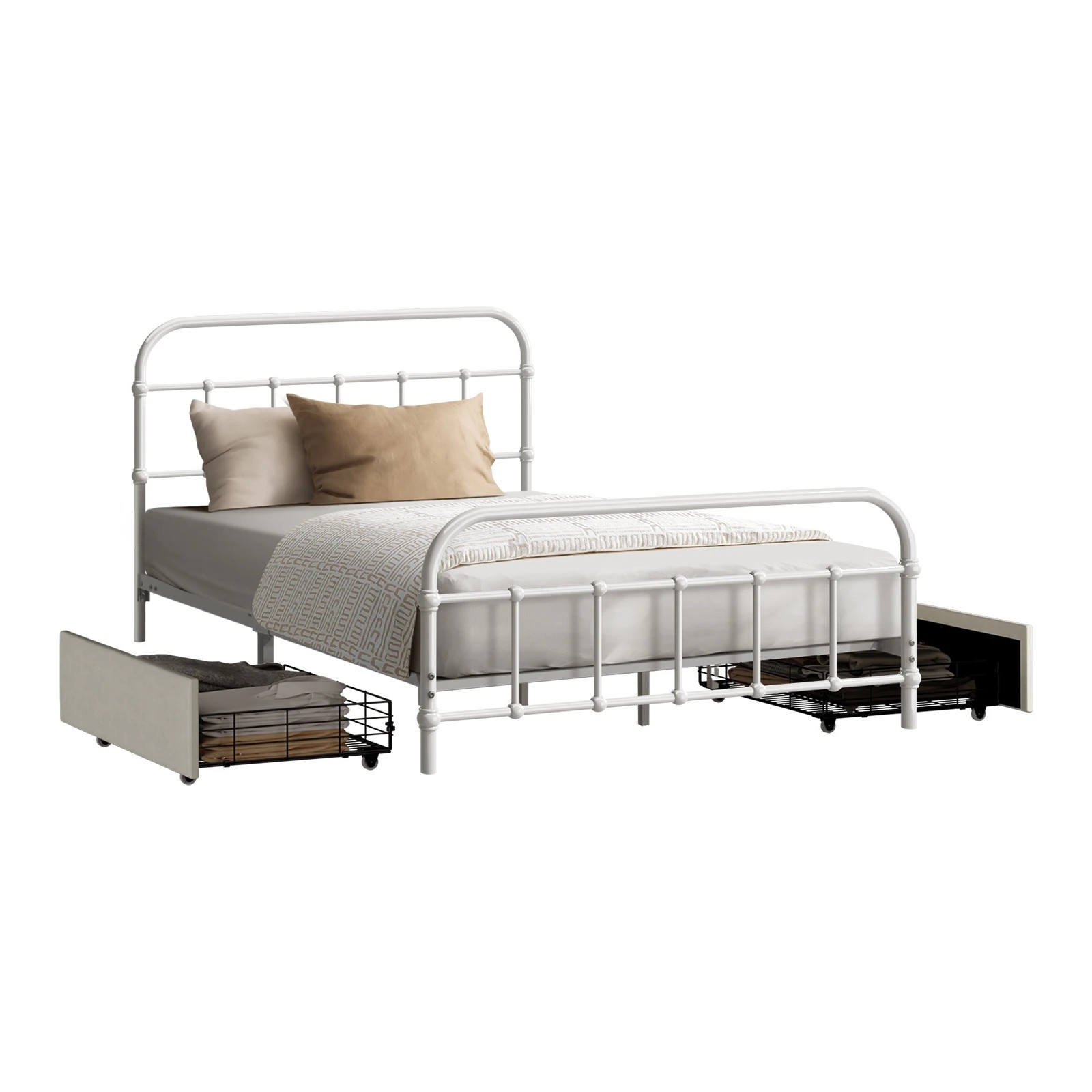 1 Oikiture Metal Bed Frame King Single Size Bed Base with 2 Drawers - White, 1 of 9