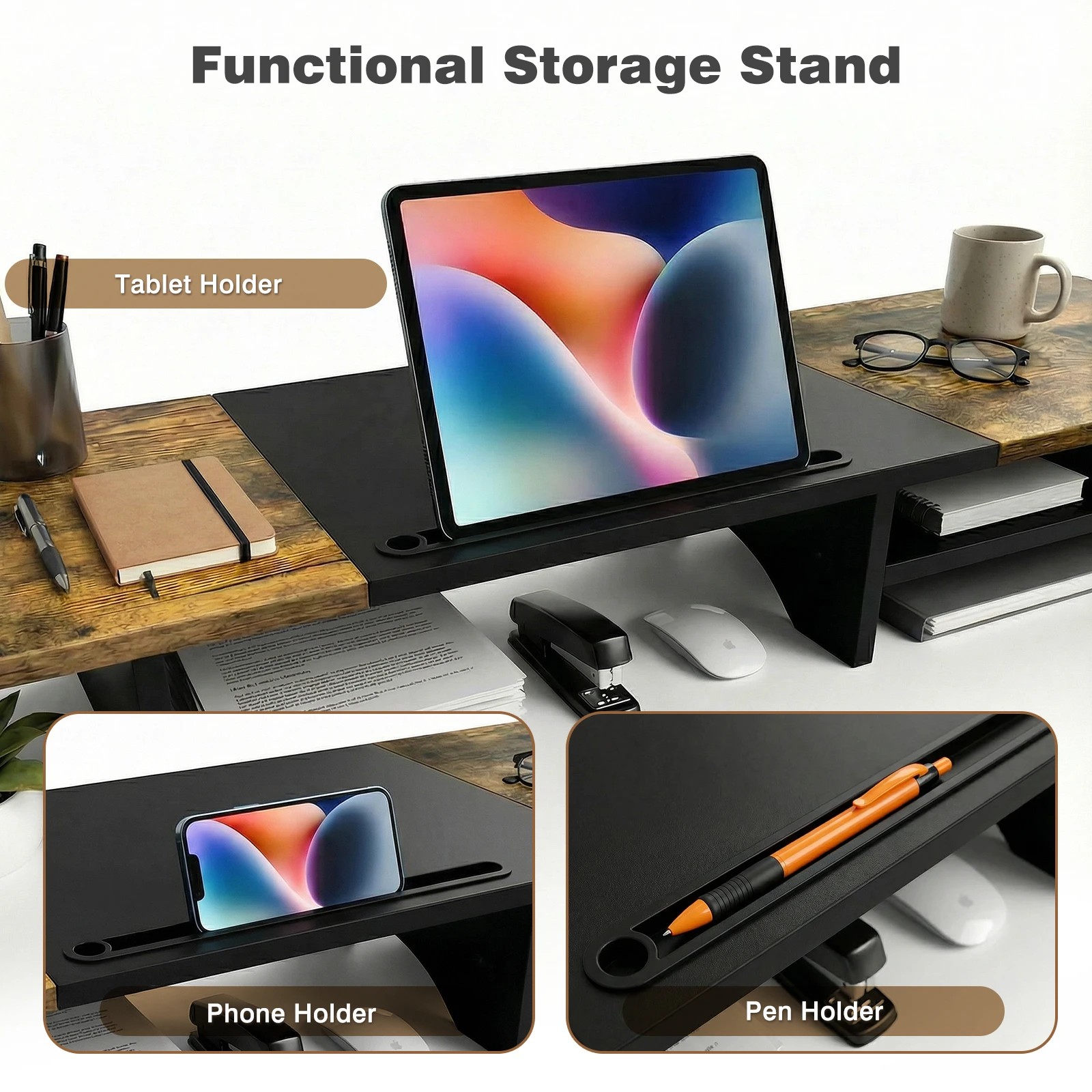 7 Advwin 100cm Dual Monitor Stand Riser Wood Desktop Organizer with Storage Space, 7 of 9