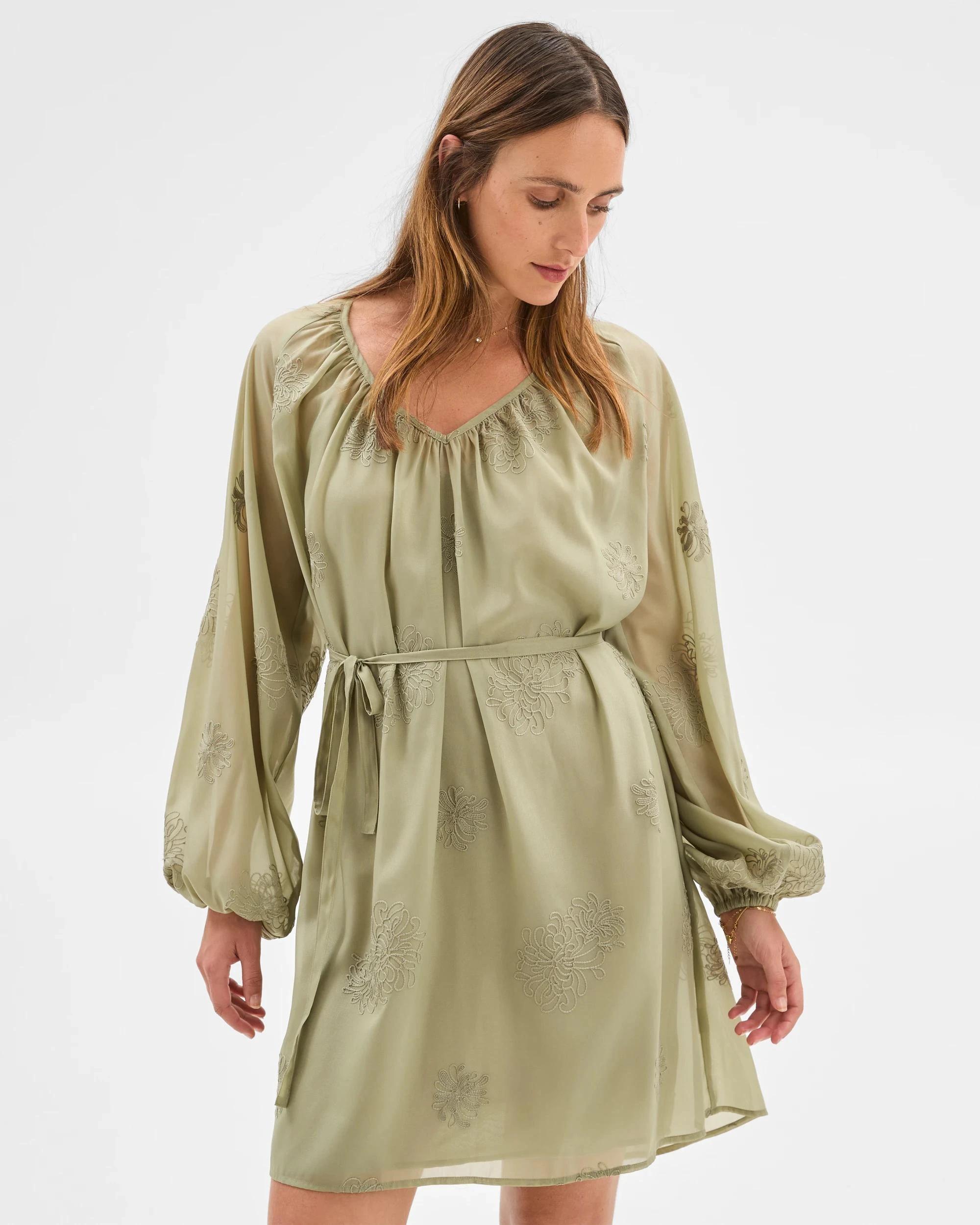 2 Preview Long Sleeve Embroidered Detail Mini Dress MOSS, 2 of 6