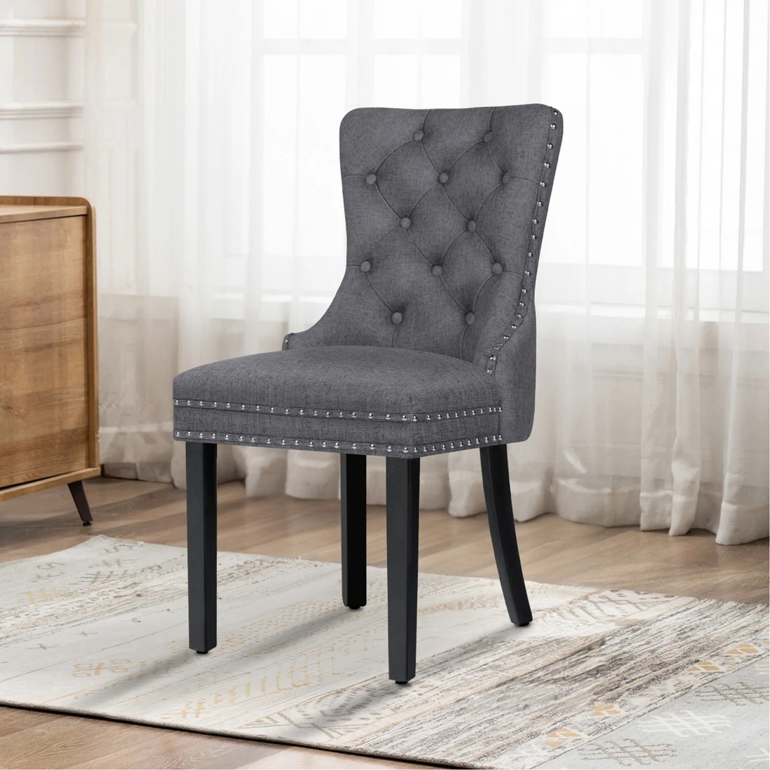 8 Alfordson 2x Dining Chair Kitchen Lounge Retro Button Tufted Wooden Fabric - Grey, 8 of 10