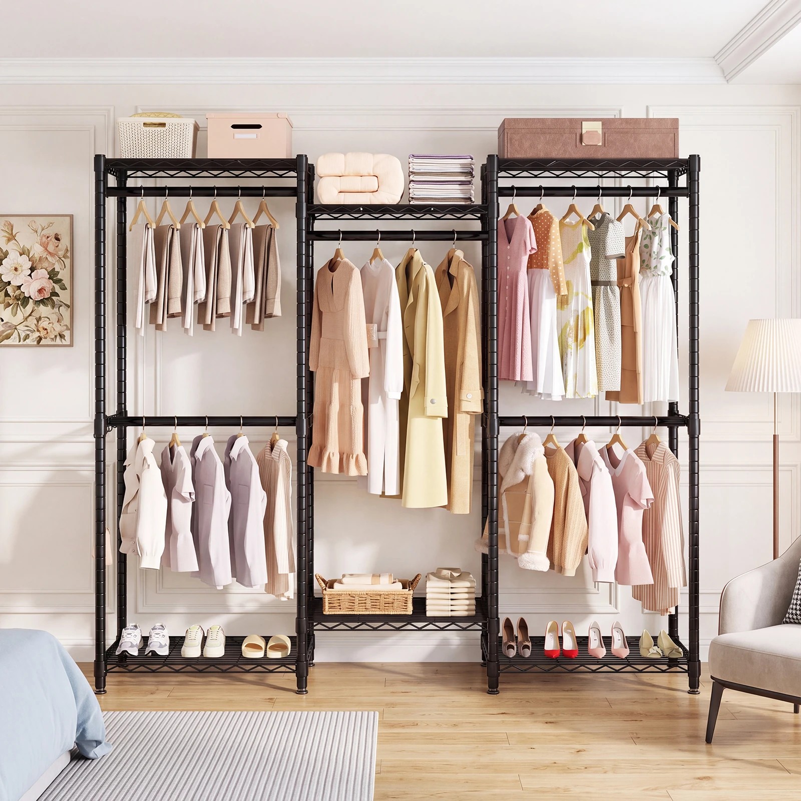 2 Advwin Portable Closet Wardrobe Adjust Closet Racks w/5 Hang Rods & 6 Shelves - Black, 2 of 8