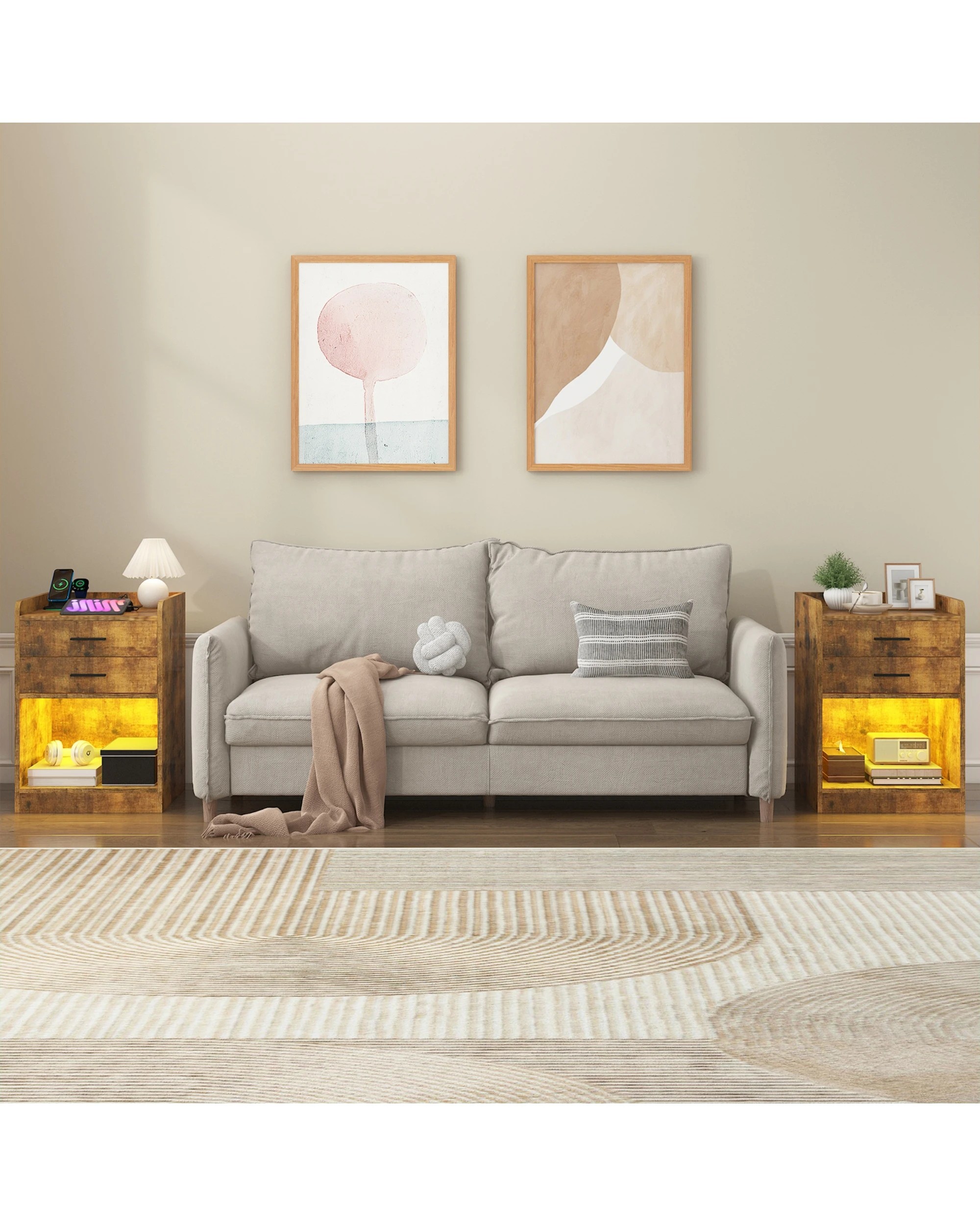 3 Advwin LED 2x Bedside Table with Charging Station 2 Drawers Nightstand - Brown, 3 of 8