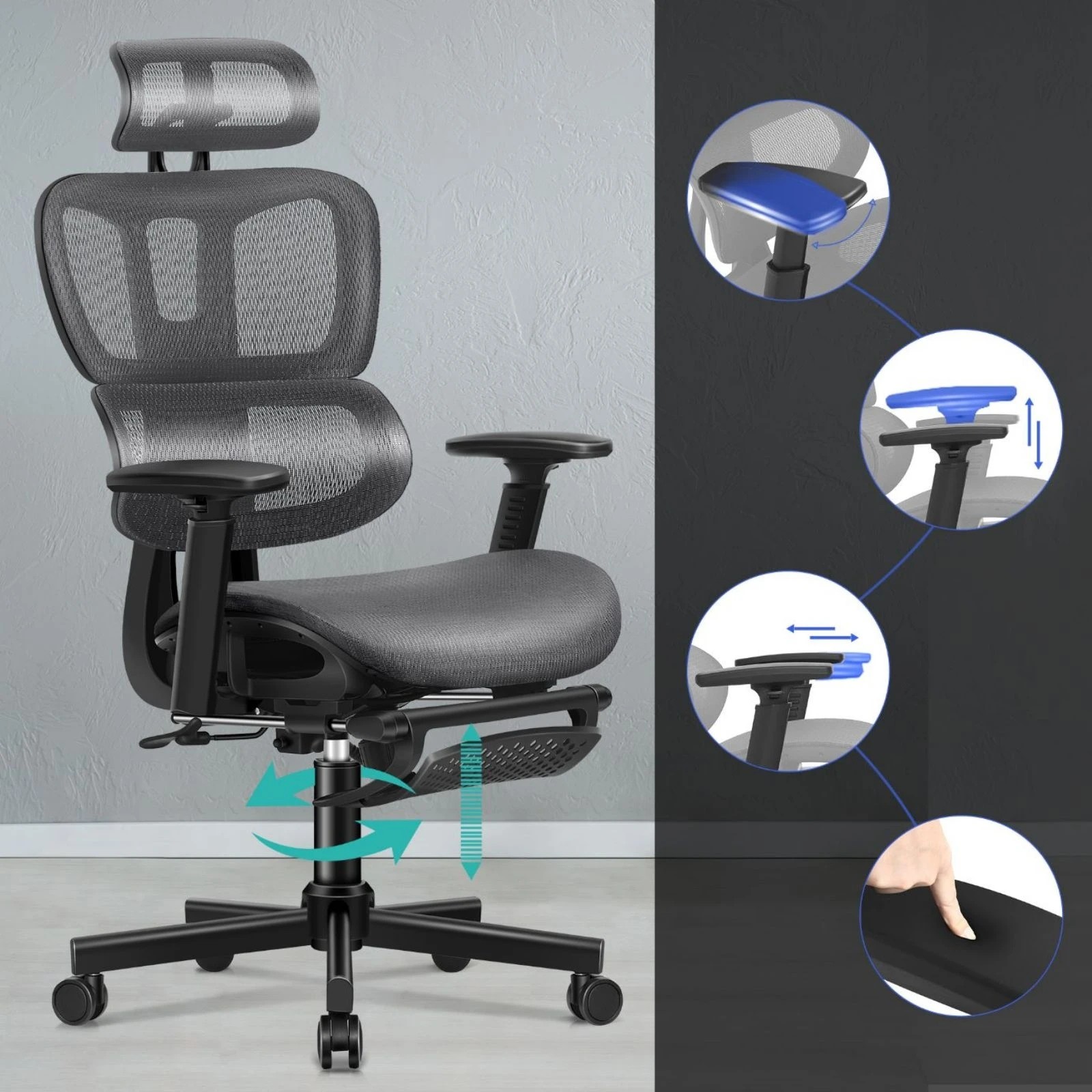3 Alfordson Ergonomic Office Chair Mesh Executive Seat Work Computer Gaming - Grey, 3 of 10