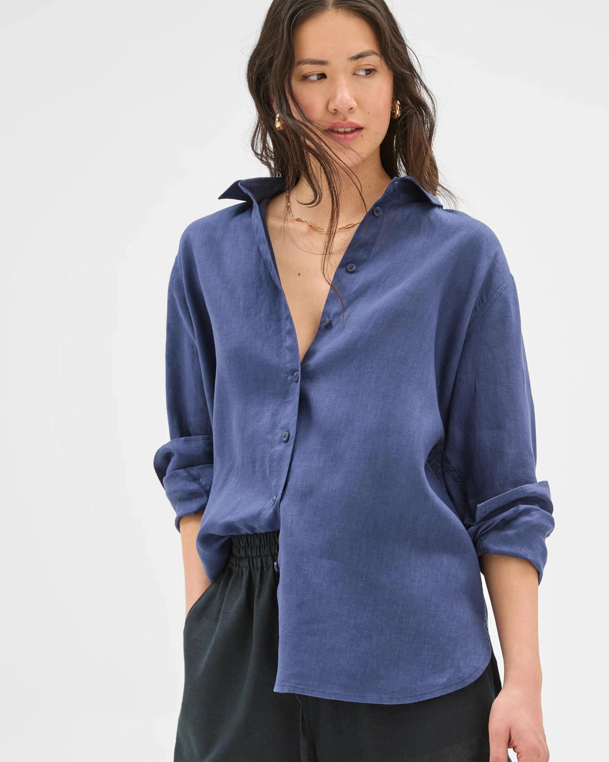 8 Target Woman European Linen Long Sleeve Shirt BLUE INDIGO, 8 of 8