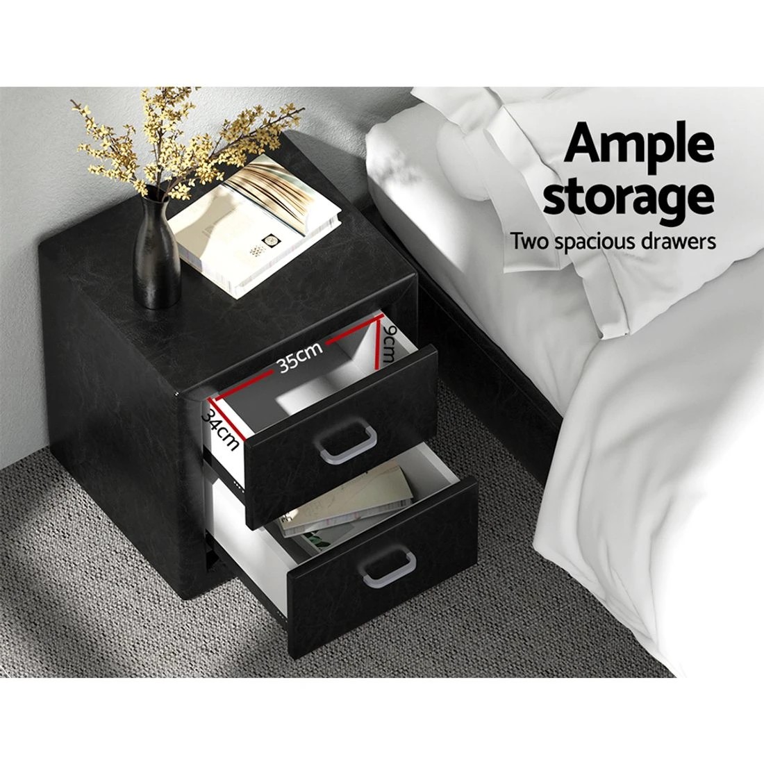 6 Artiss Bedside Table 2 Drawers Side Table Leather - Black, 6 of 10