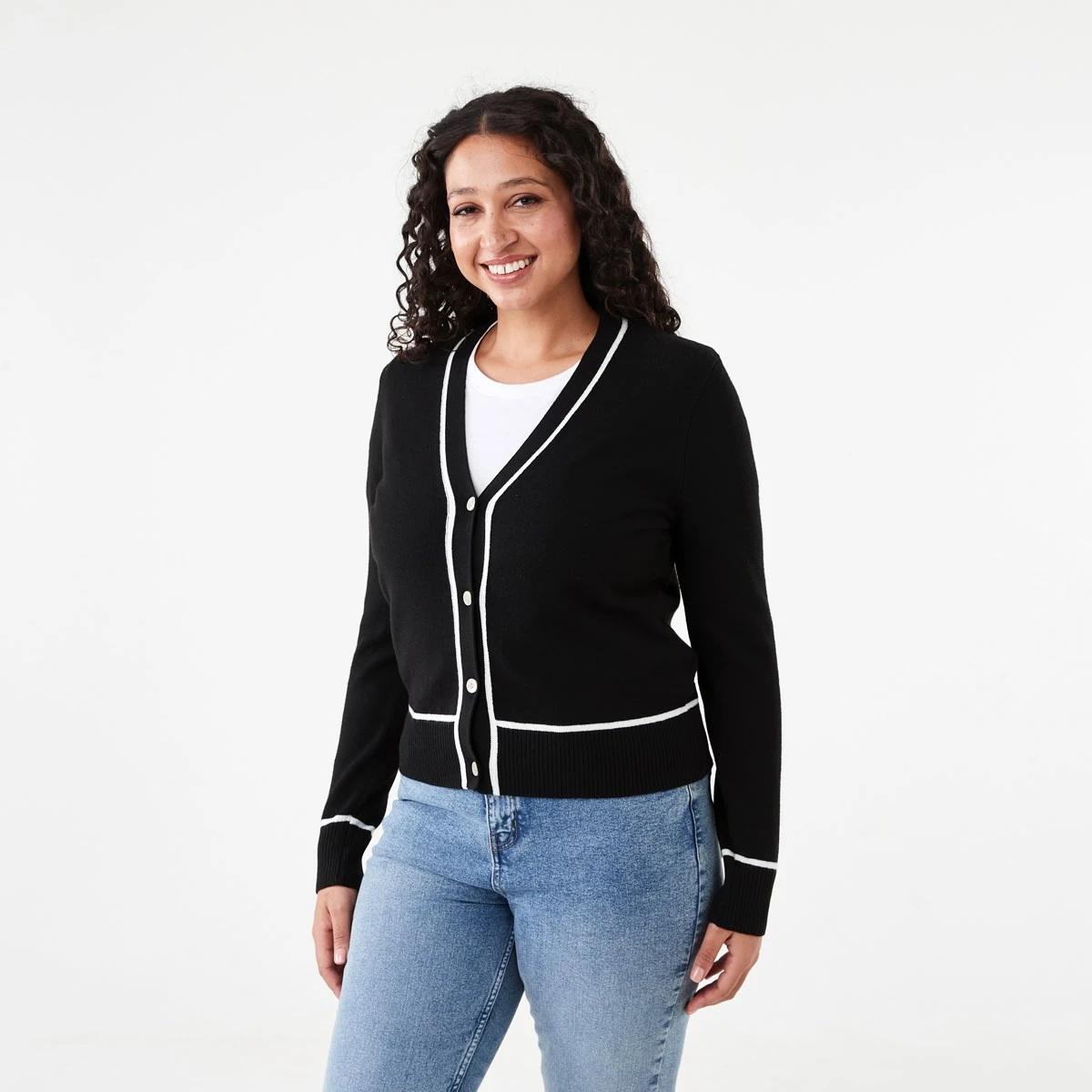 3 Contrast V-Neck Cardigan Black, 3 of 7