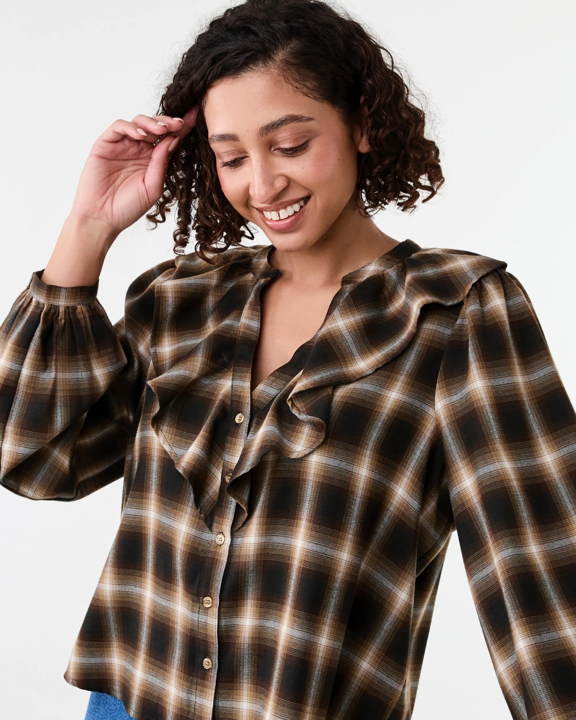 4 Long Sleeve Frill Button Through Top Brwn Check, 4 of 7