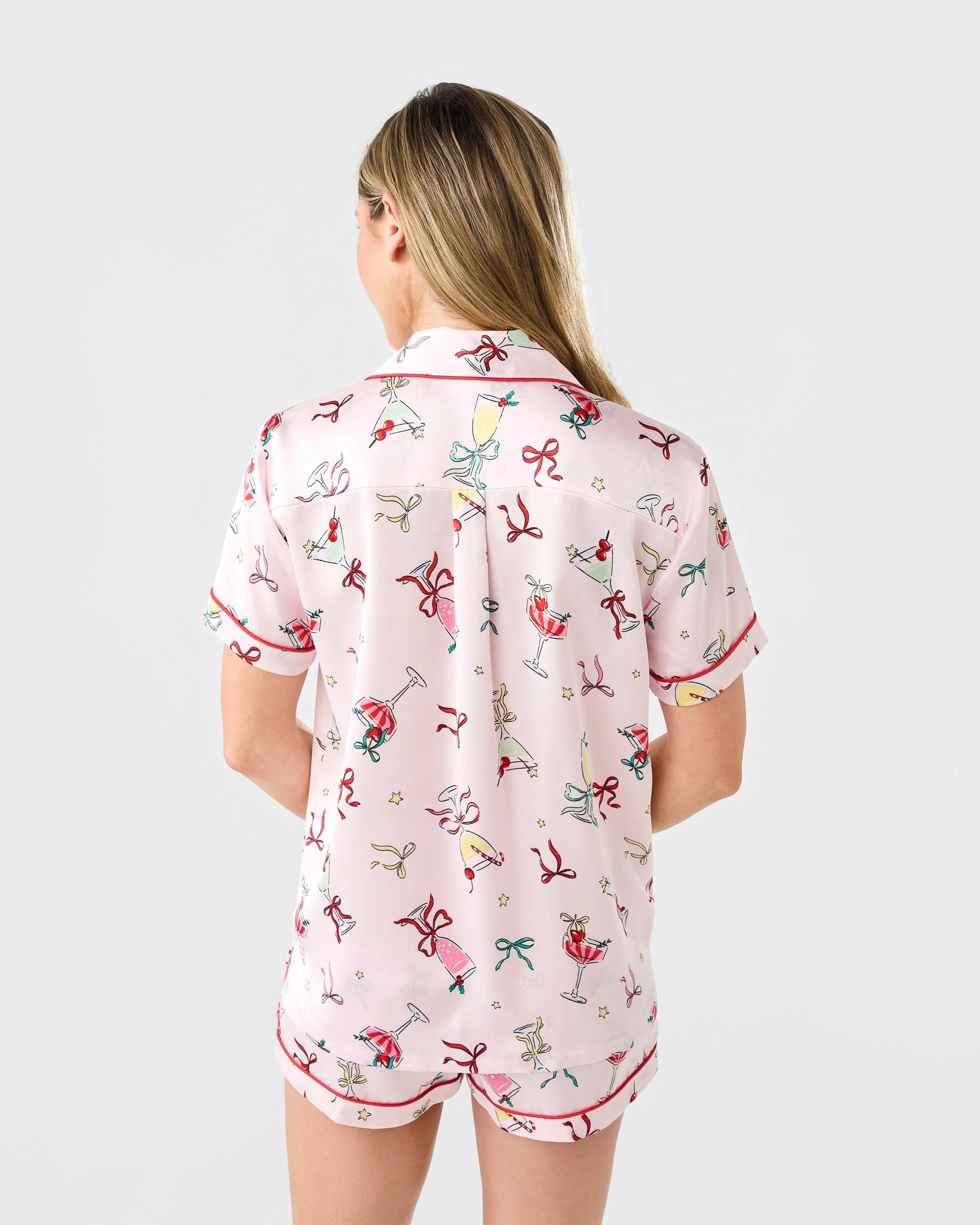 3 Christmas Short Sleeve and Short Satin Pyjama Set Xmas Wine, 3 of 9