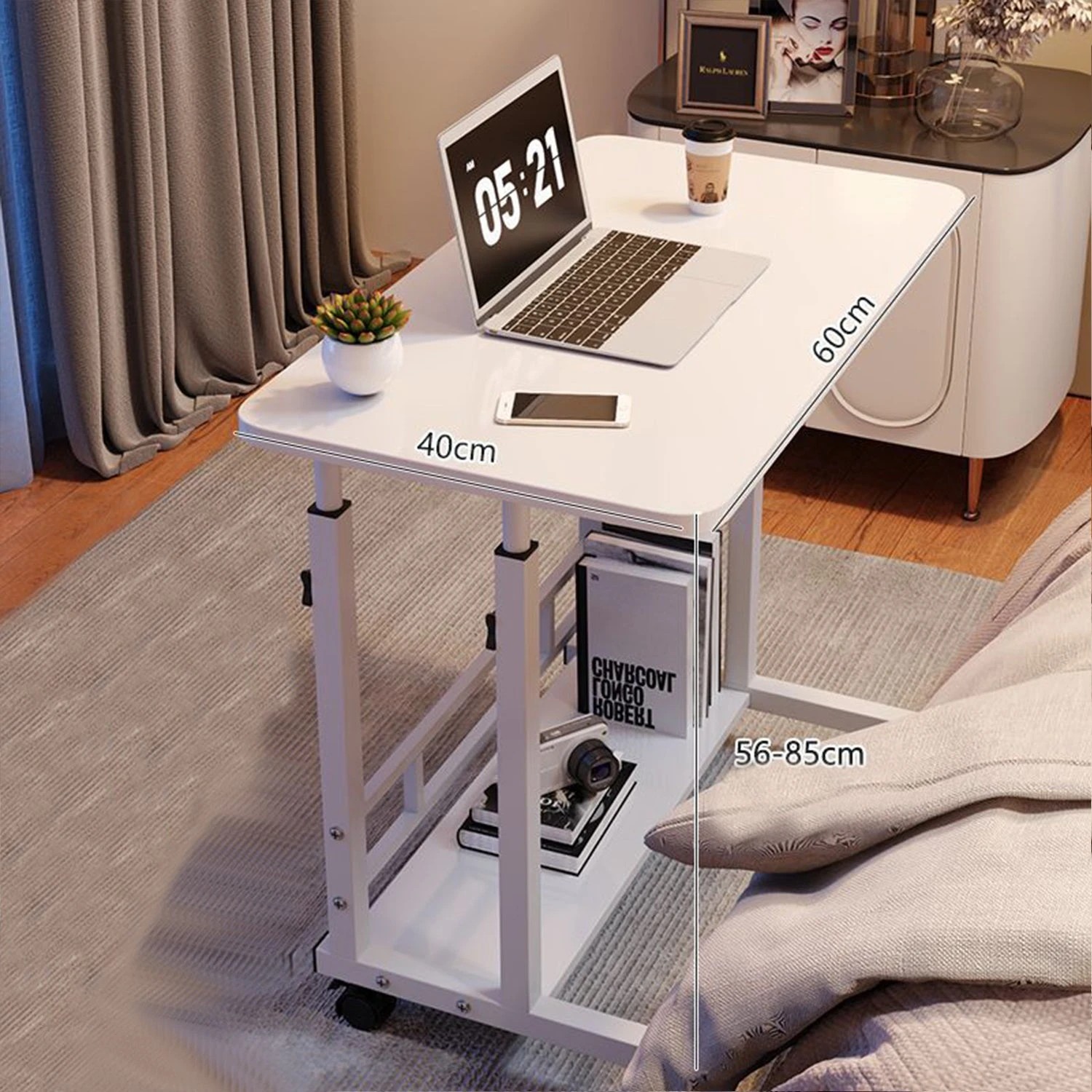 3 Foret Mobile Laptop Bedside Study Desk Storage Stand Adjustable Portable 2 Shelf White, 3 of 7