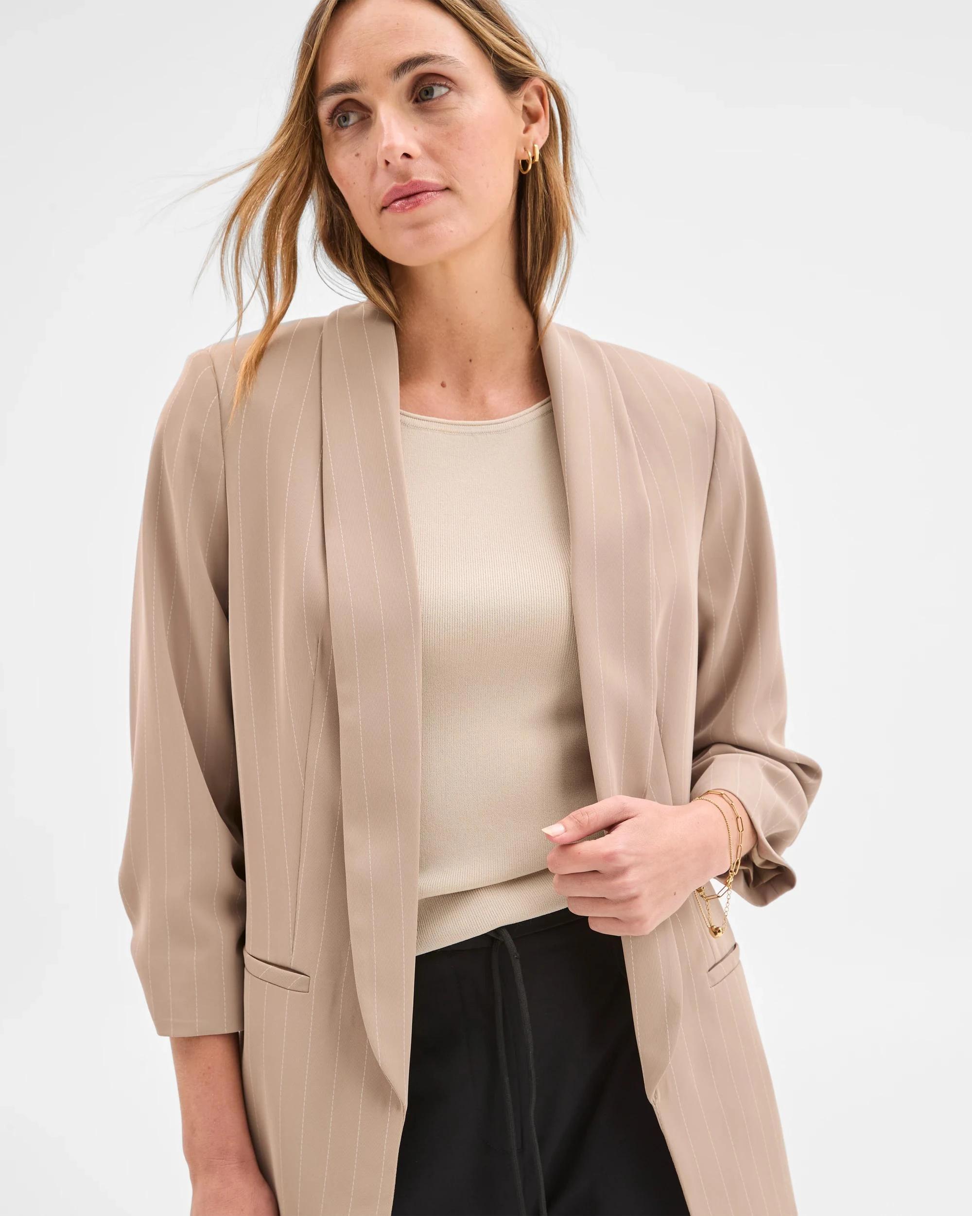 1 Preview Ruched Sleeve Blazer WEATHERED TEAK STRIPE, 1 of 7