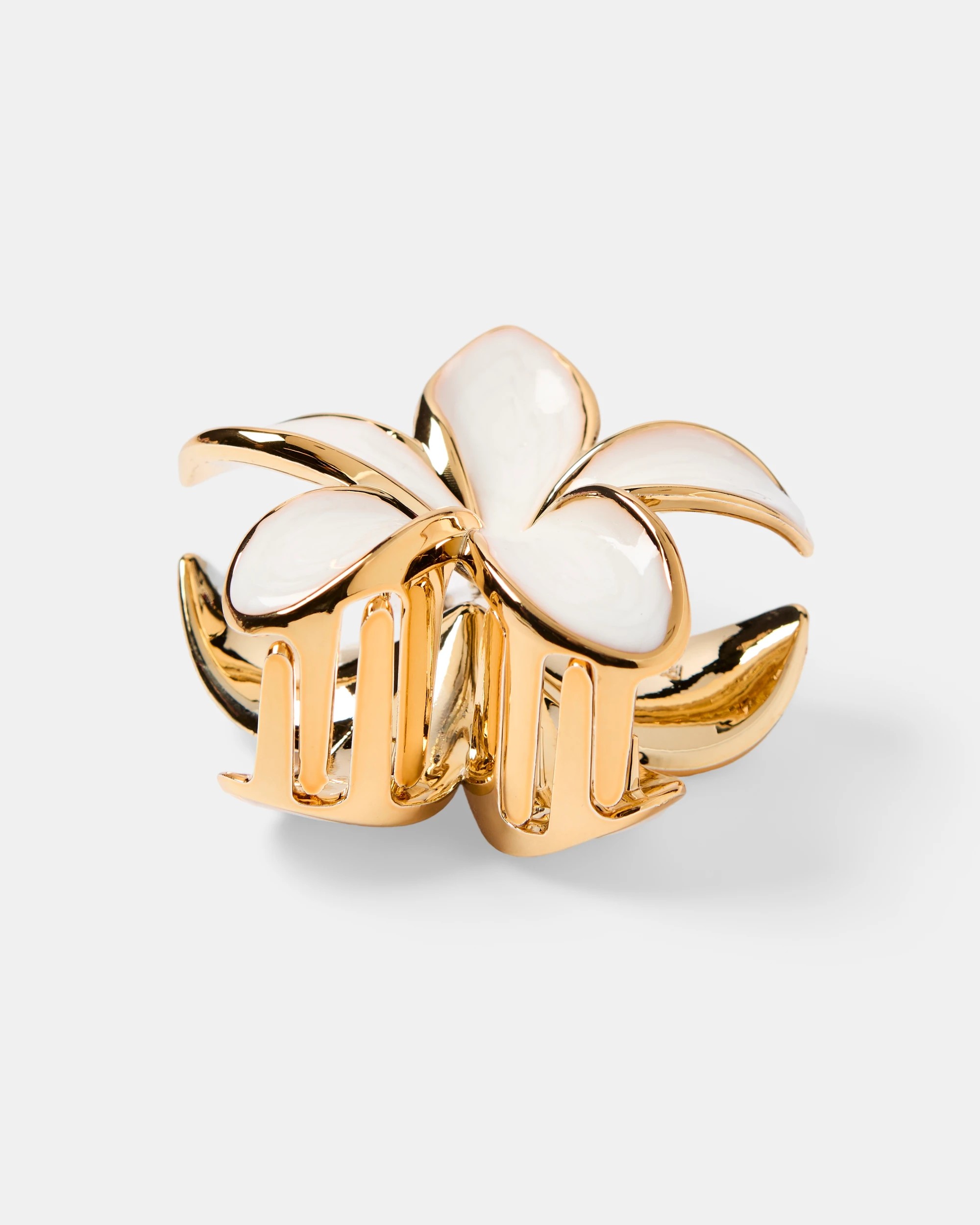 2 White and Gold Tone Enamel Frangipani Claw Hair Clip, 2 of 3