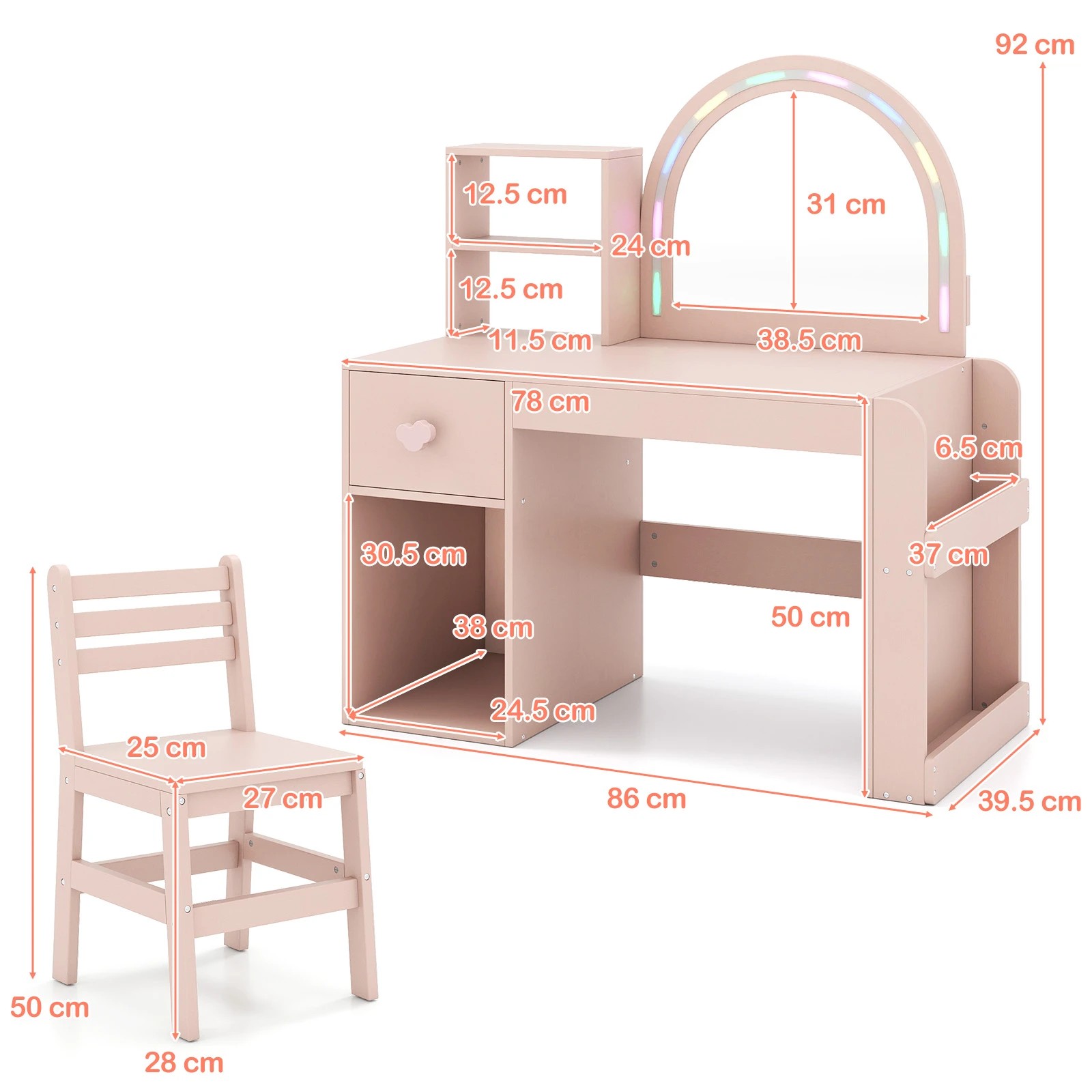 3 Costway Vanity Set Princess Makeup Dressing Table Chair Set w/Lighted Mirror Girls Gift Pink - Pink, 3 of 4