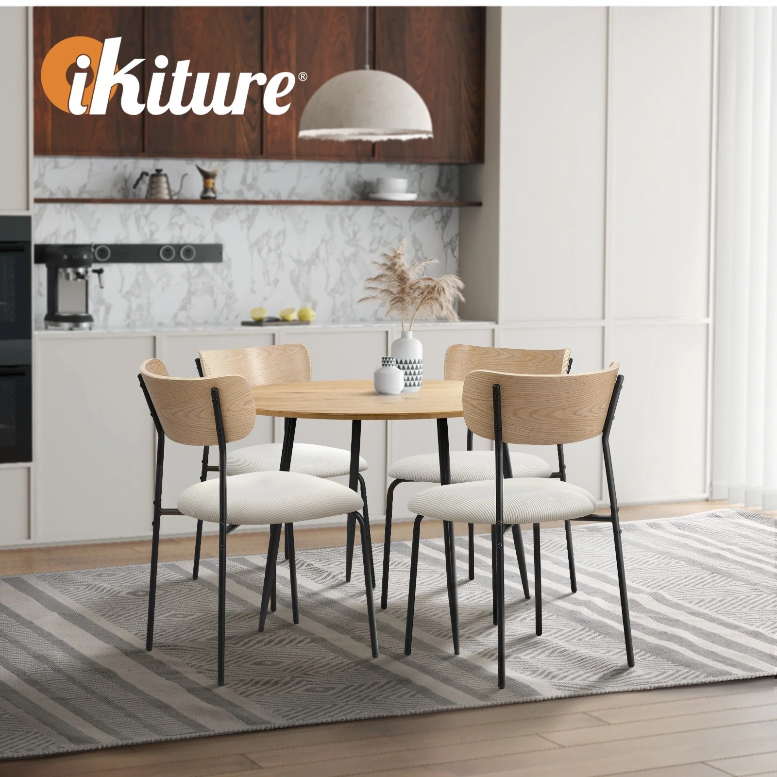 6 Oikiture 1.1m Dining Table Set with Corduroy Chairs 4-Seater Kitchen Furniture - Natural, 6 of 9