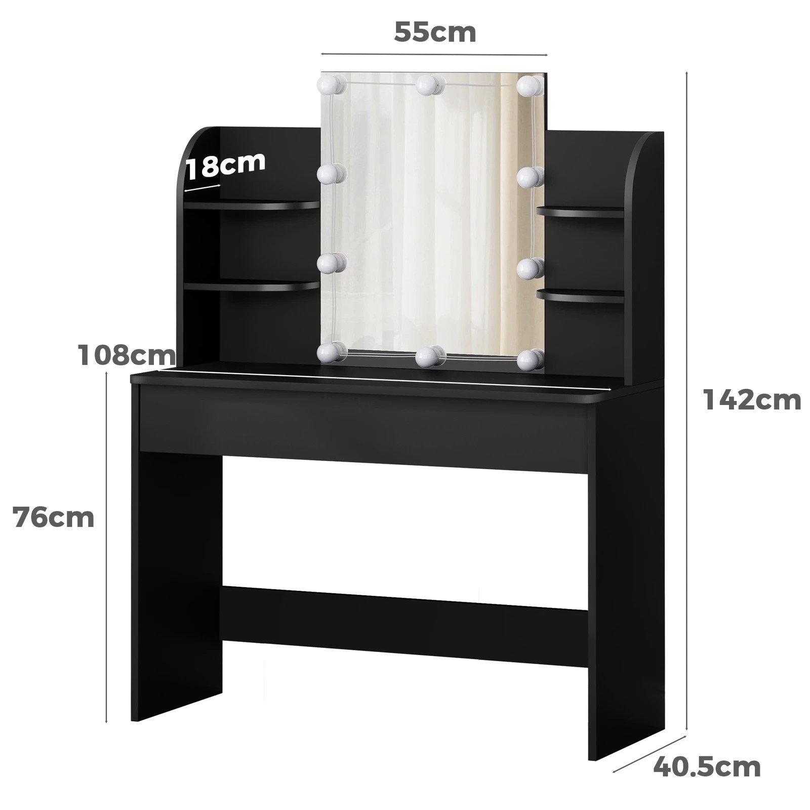 2 Alfordson Dressing Table Stool Set Makeup Mirror Desk LED 10 Bulbs - Black, 2 of 10