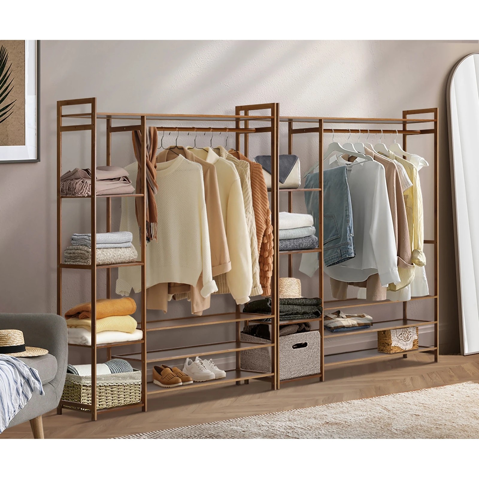 3 Oikiture Clothes Rack Open Wardrobe Garment Coat Hanging Rail Bamboo 8 Shelves
 - Natural, 3 of 10