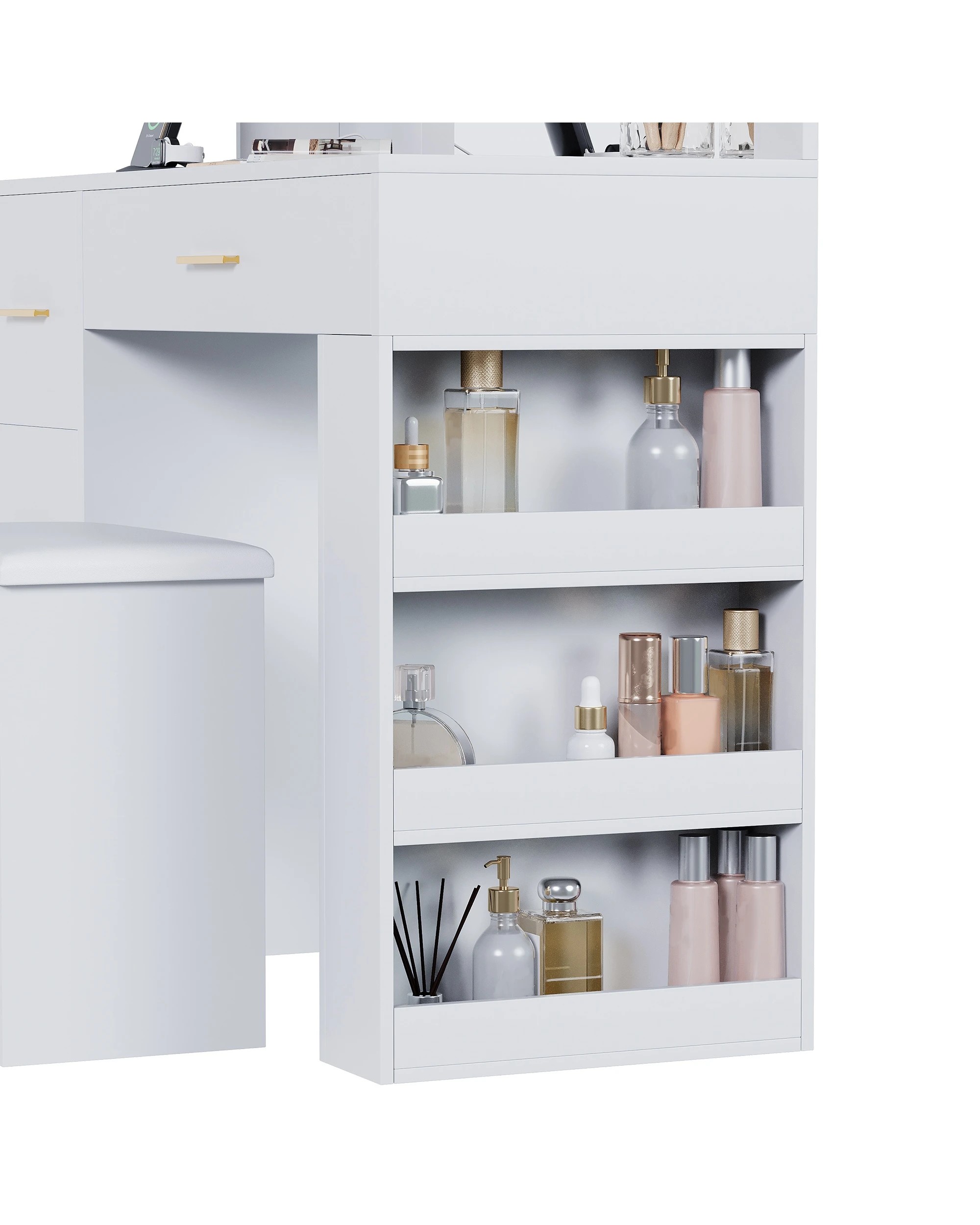 6 Advwin Dressing Table Vanity Desk with Mirror and 11 Bulbs Lights Charging Station - White, 6 of 10