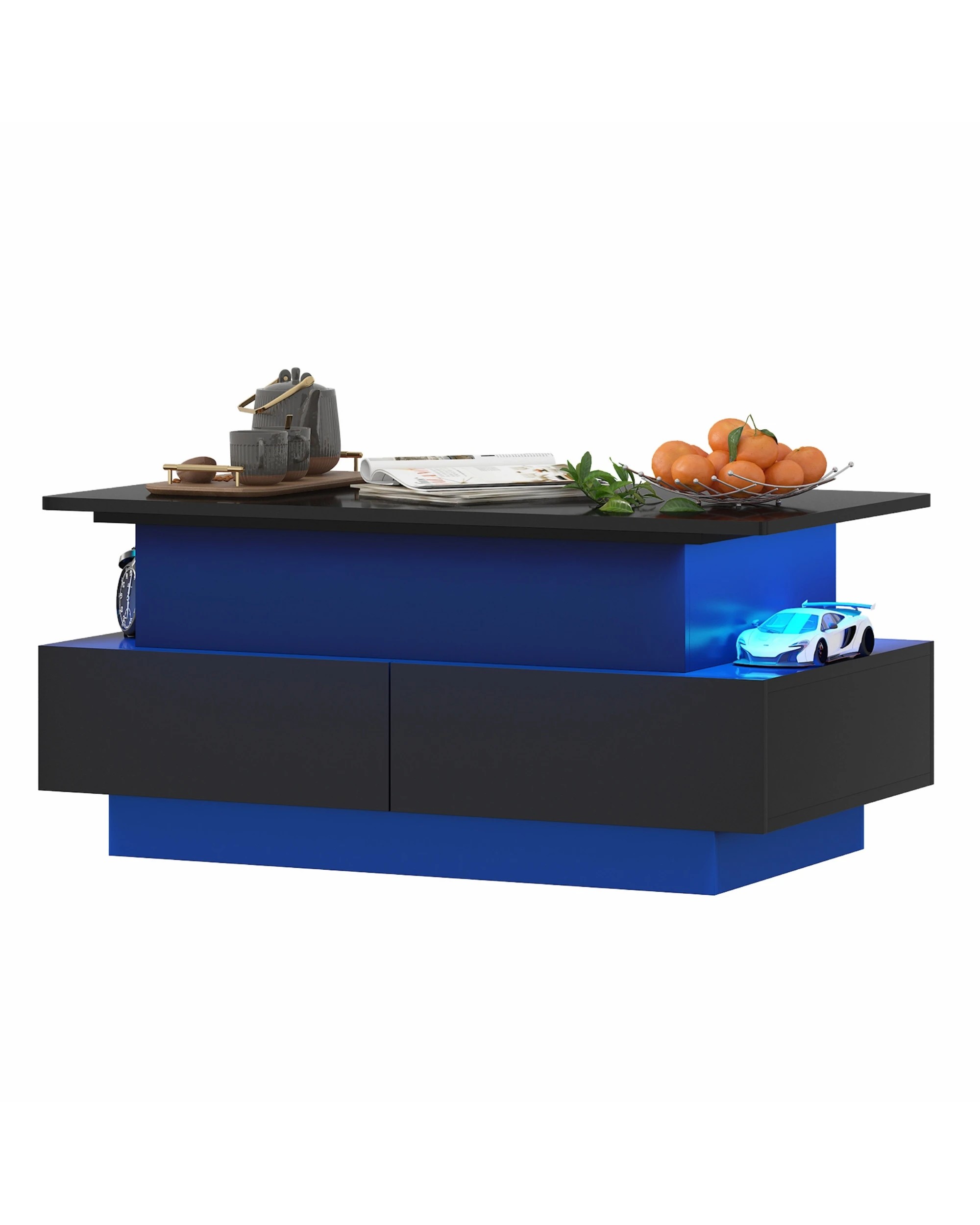 6 Advwin Lift Top Coffee Table w/ LED Lights Hidden Compartment & 4 Drawers High Gloss Central Table w/ Lift Tabletop, 6 of 9