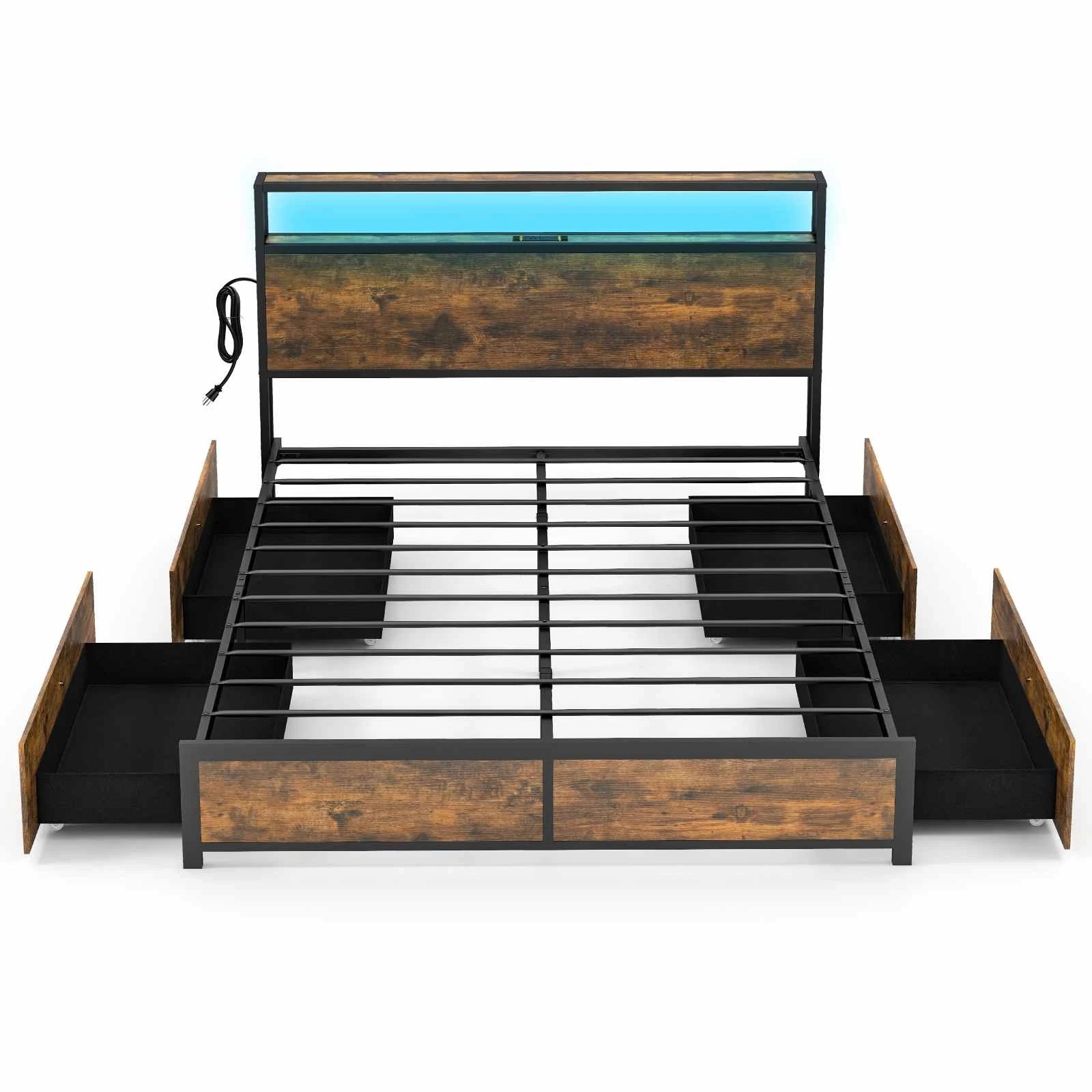 1 Costway Queen Size Metal Bed Frame LED Bed Base w/Drawers, 1 of 8